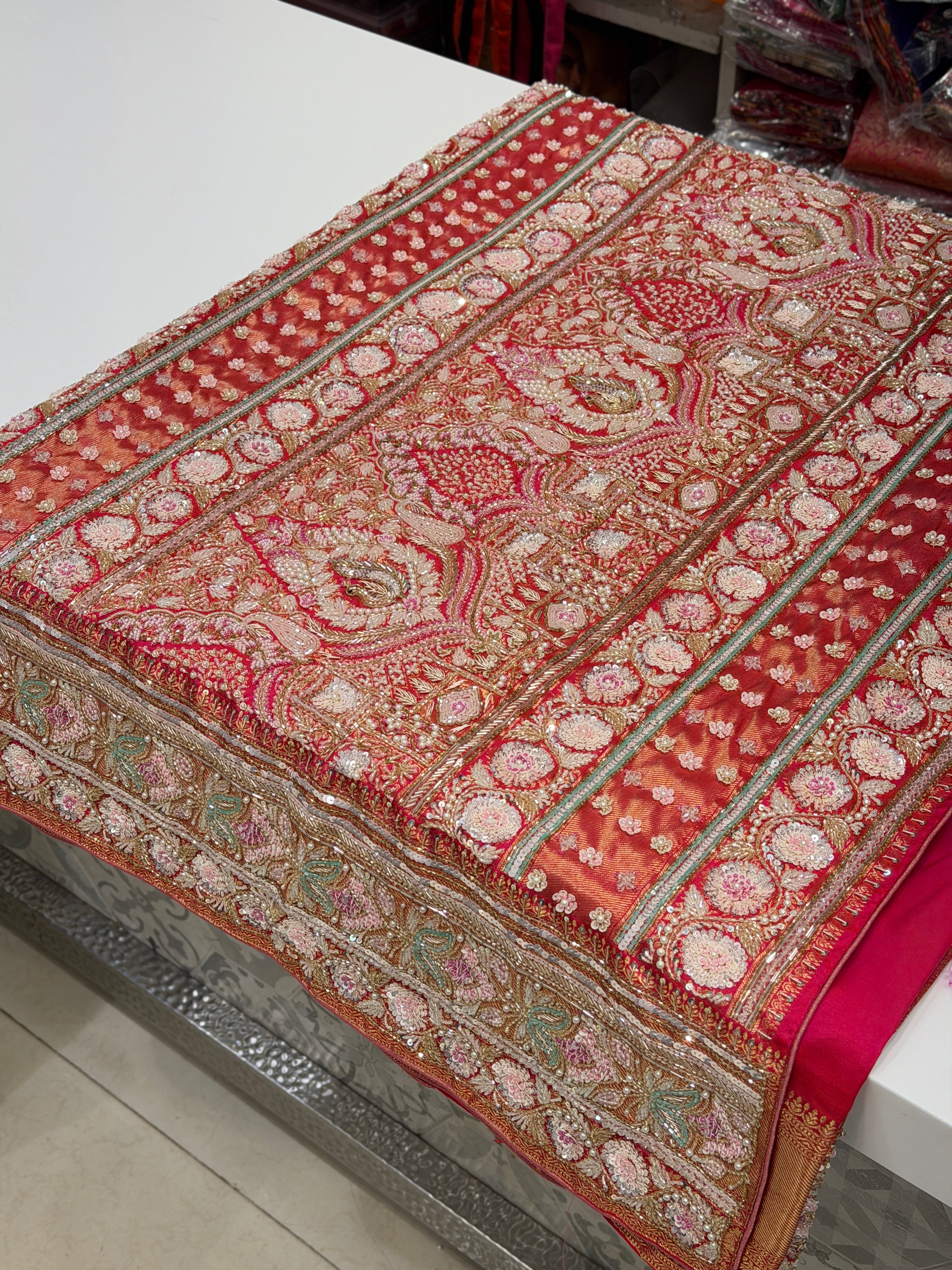 Rani Pink Kanjivaram Moti Zardosi Peacock Motif Hand Embroidery Saree