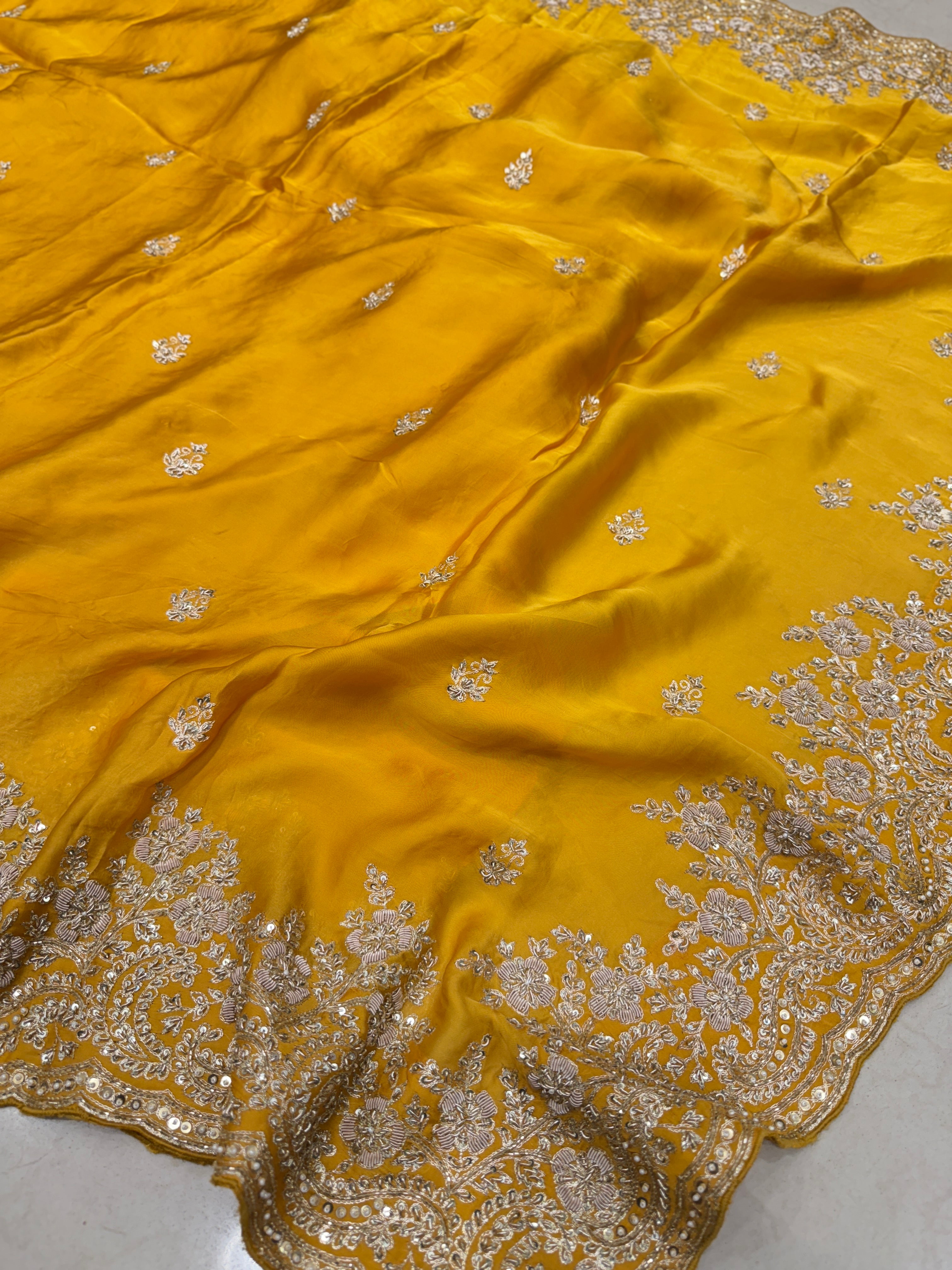 Mustard Yellow Buttis Pure Satin Hand Embroidery Zardosi Saree