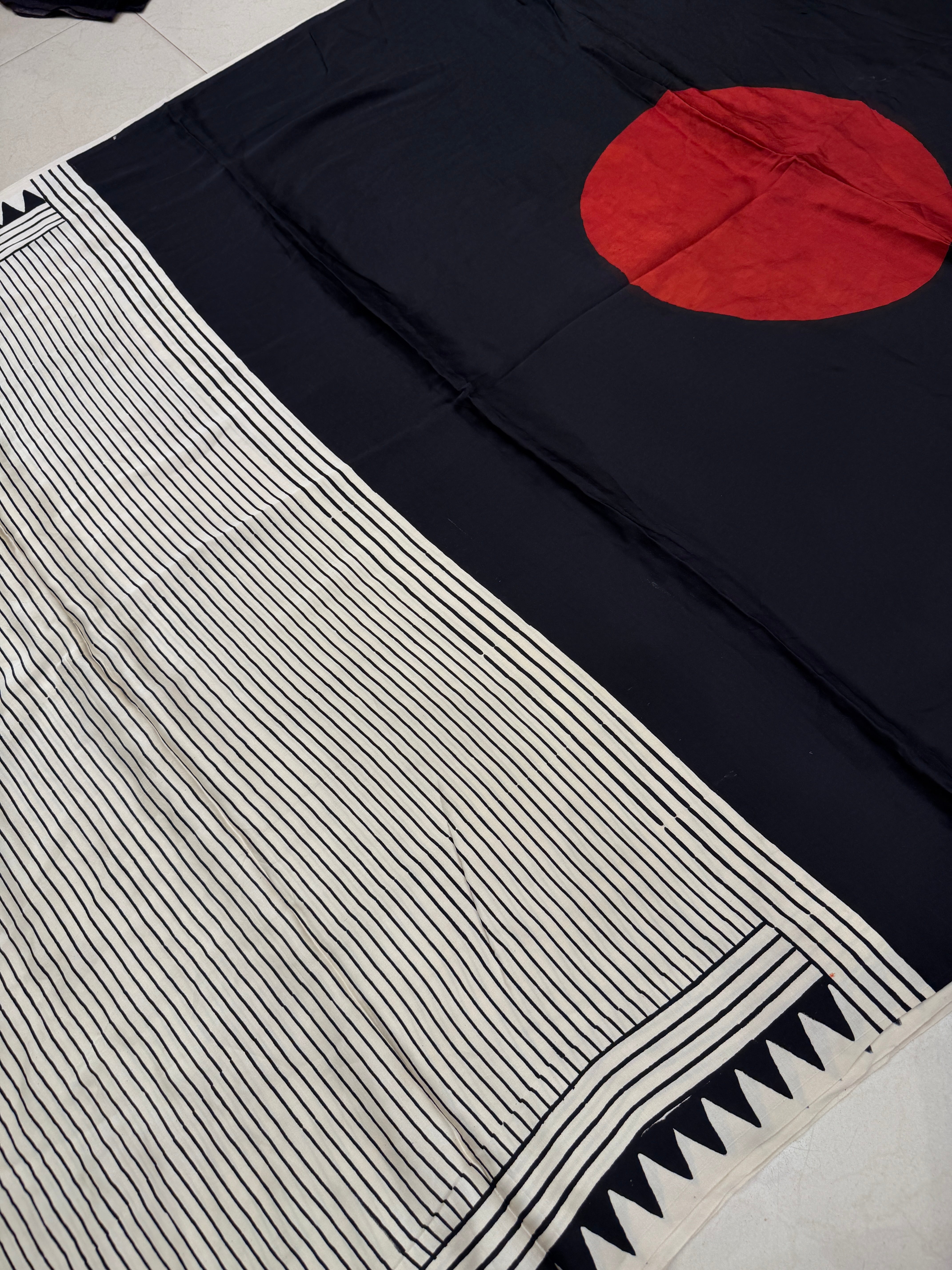White Moon Pallu Ajrakh Hand Block Print Pure Gajji Silk Saree