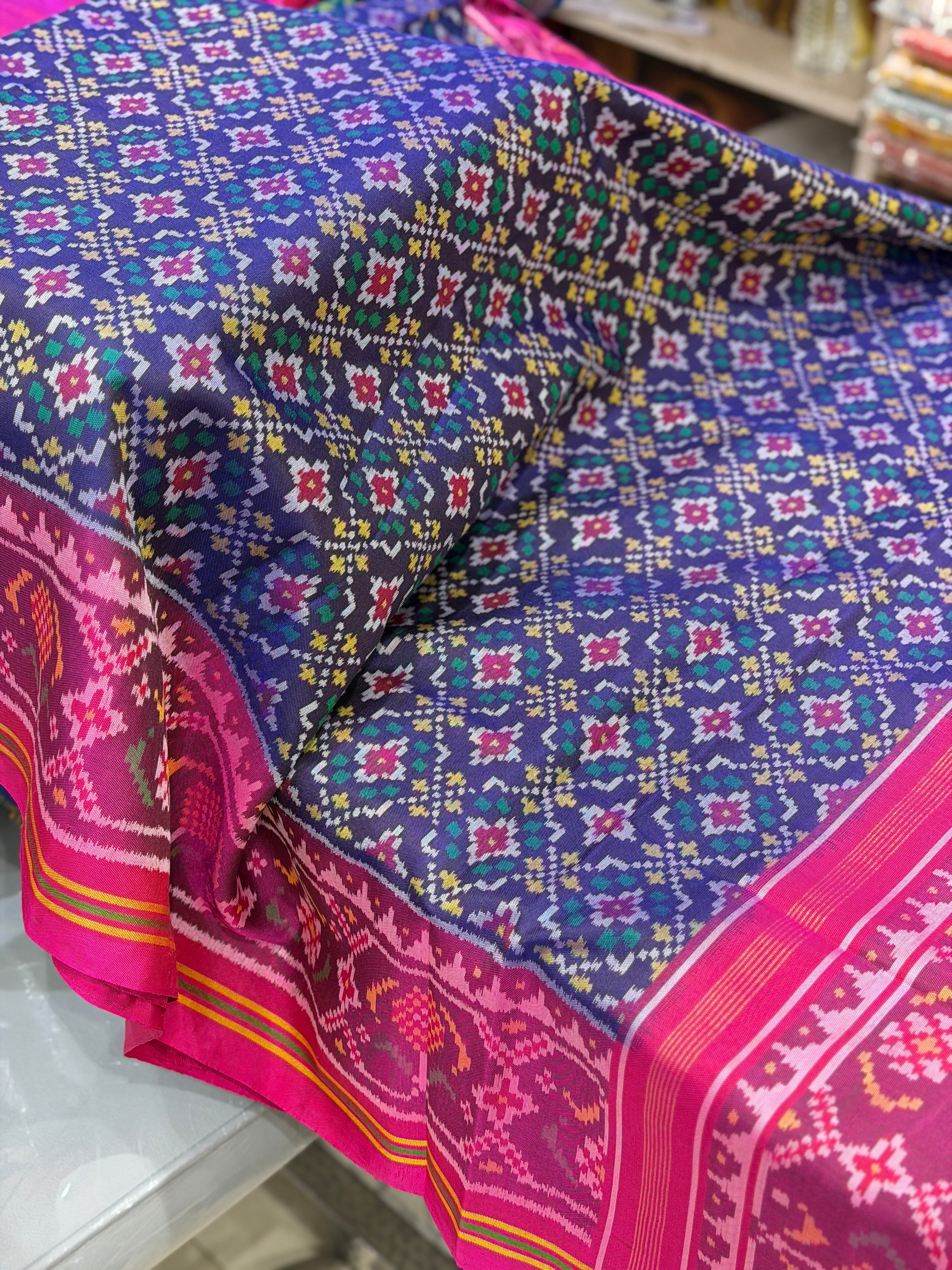Blue Button Phool Patan Patola Handloom Pure Silk Saree