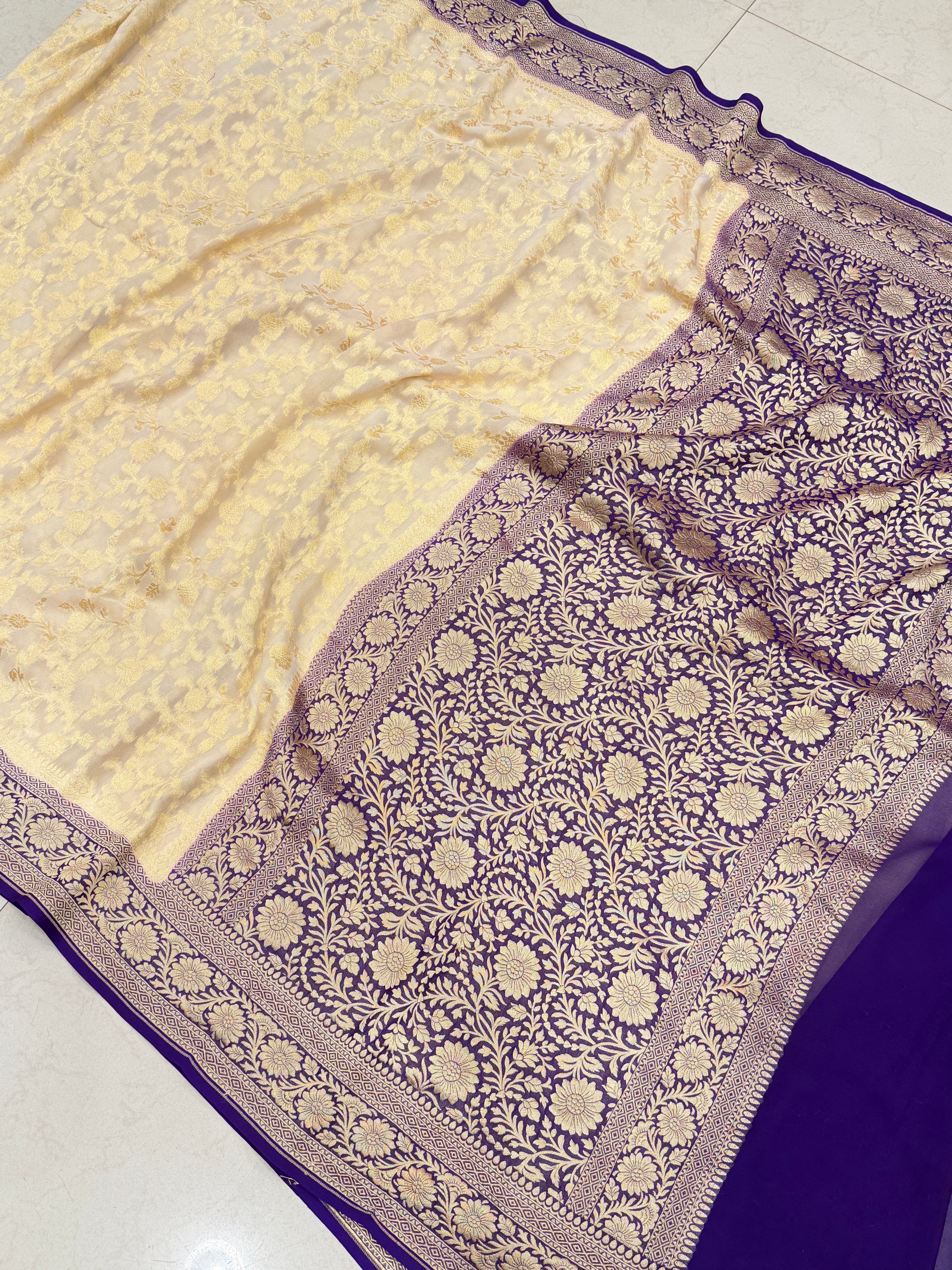 Beige Violet Mughal Jaal Handloom Banarasi Khaddi Georgette Saree