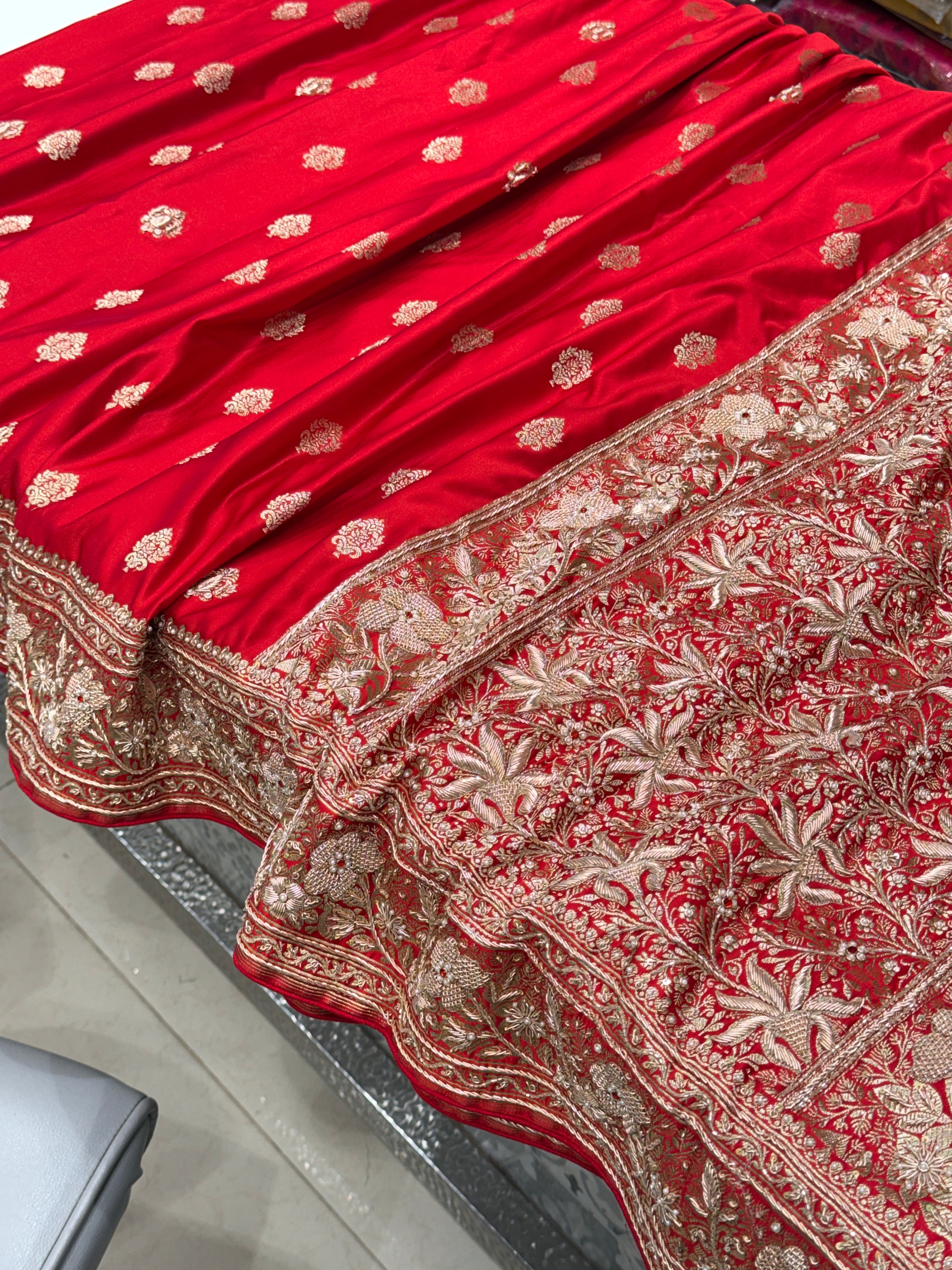 Red Banarasi Rose Border Zardozi Hand Embroidery Saree