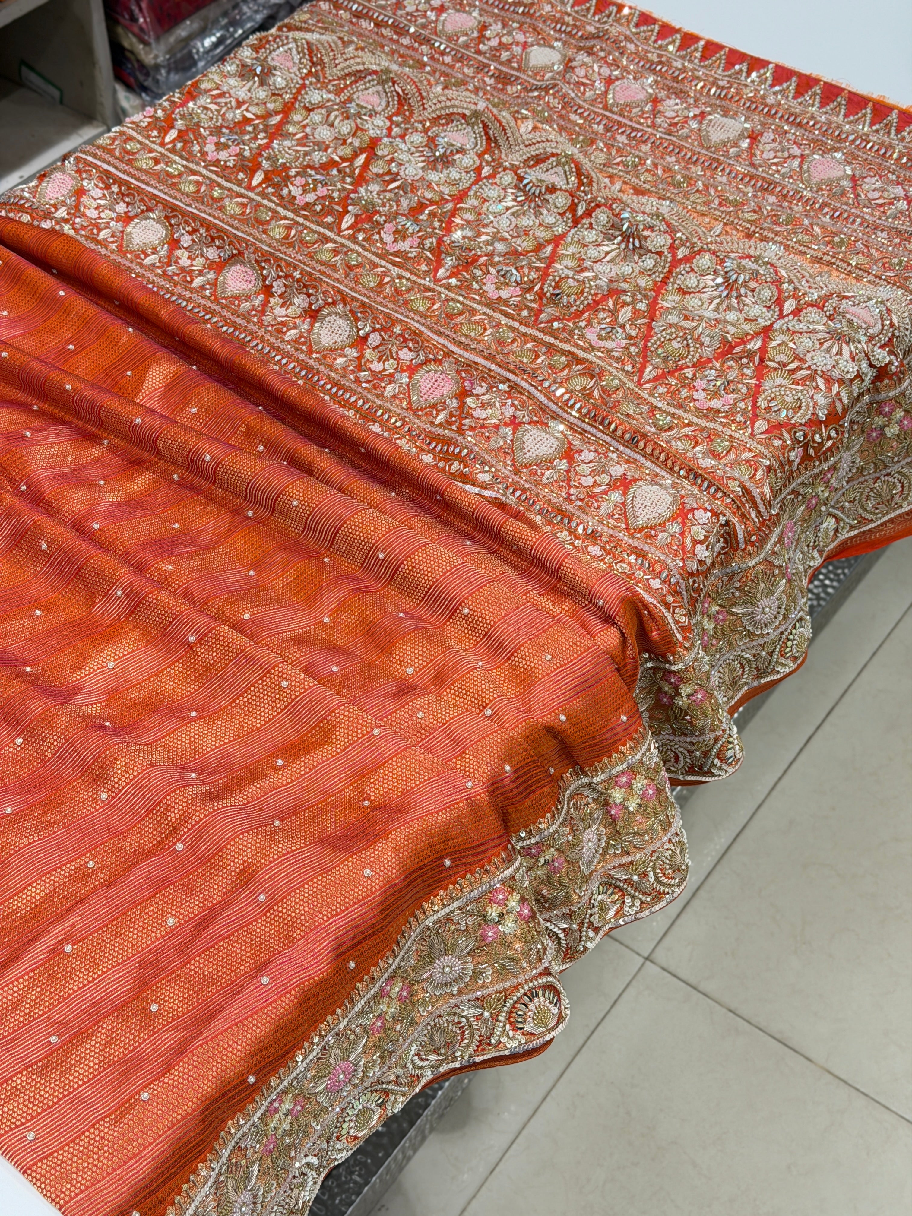 Orange Kanjivaram Moti Zardosi Hand Embroidery Saree