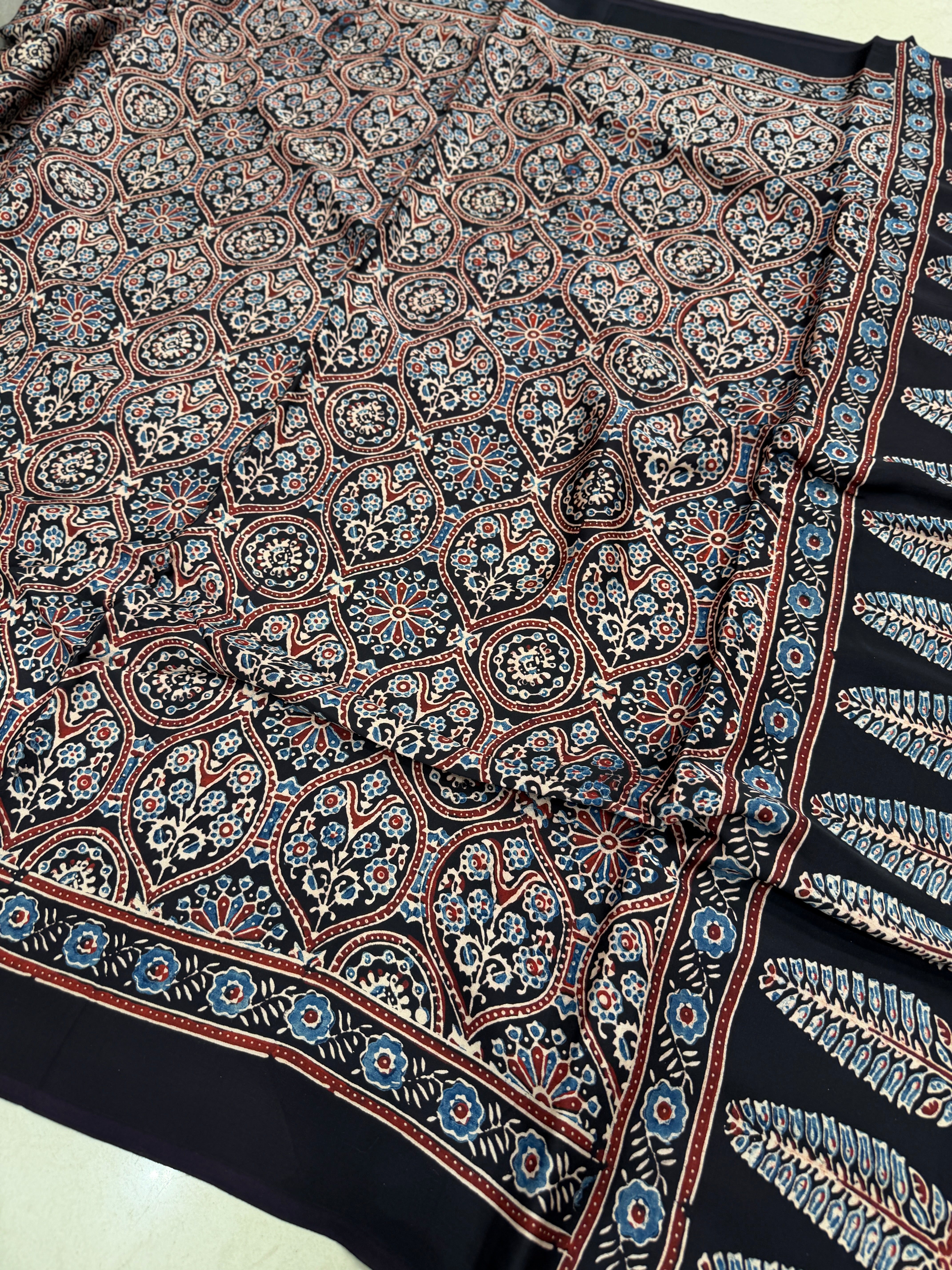 Black Coated Flower Butti Ajrakh Hand Block Print Pure Modal Silk Saree