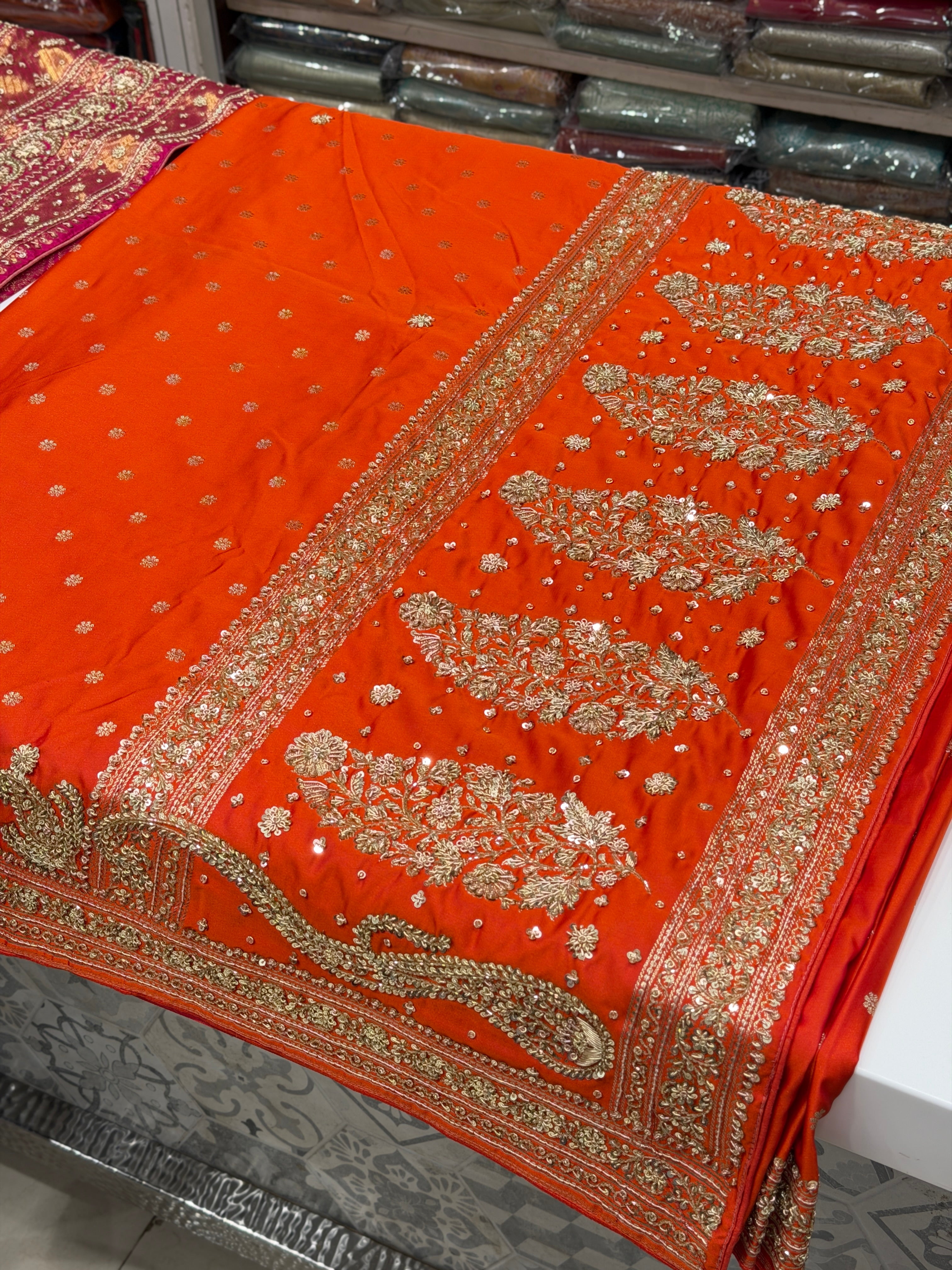 Rust Orange Banarasi Buttis Zardosi Hand Embroidery Saree