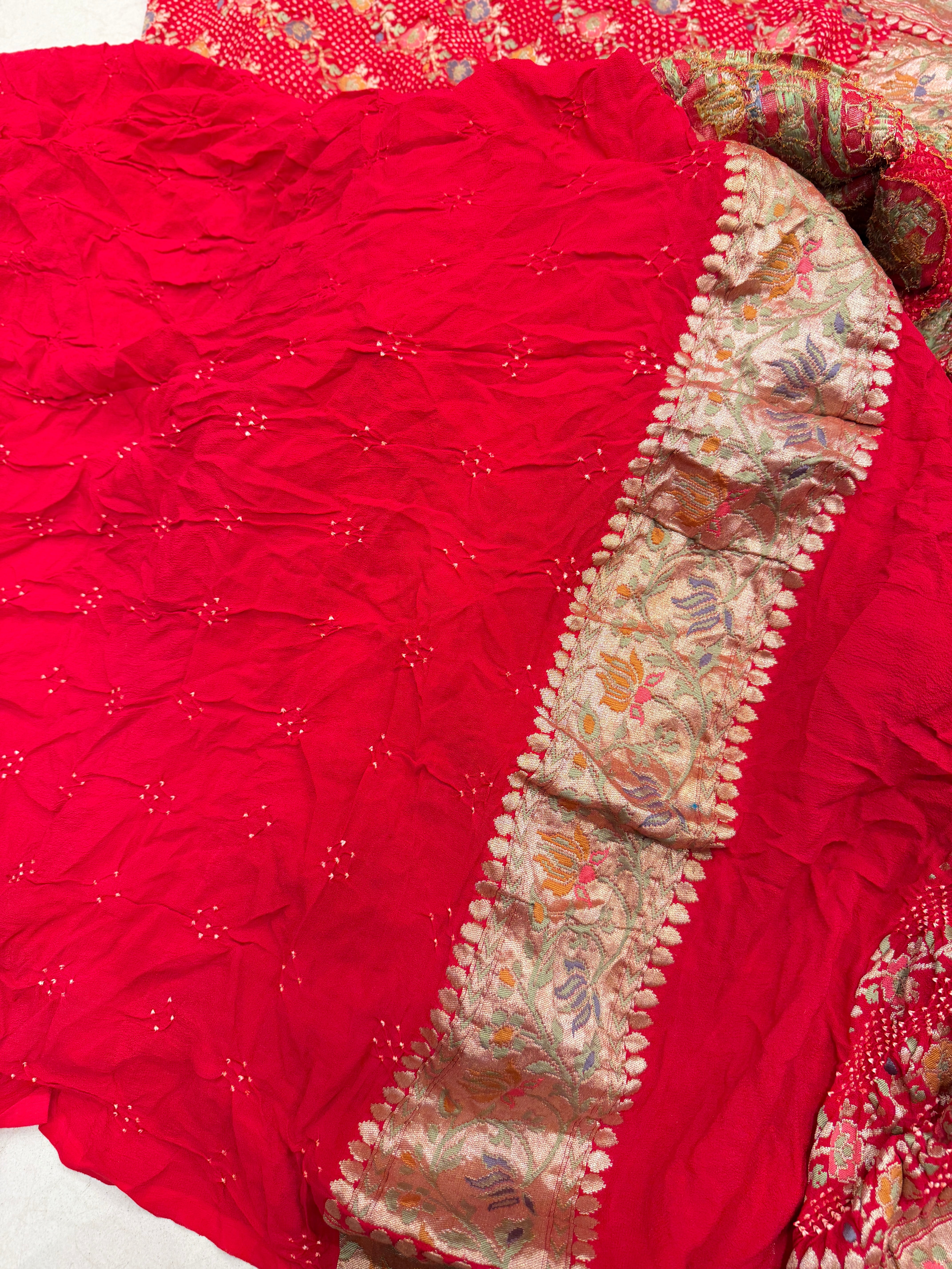 Red Meenakari Floral Leheriya Rai Bandhej Bandhini Georgette Saree
