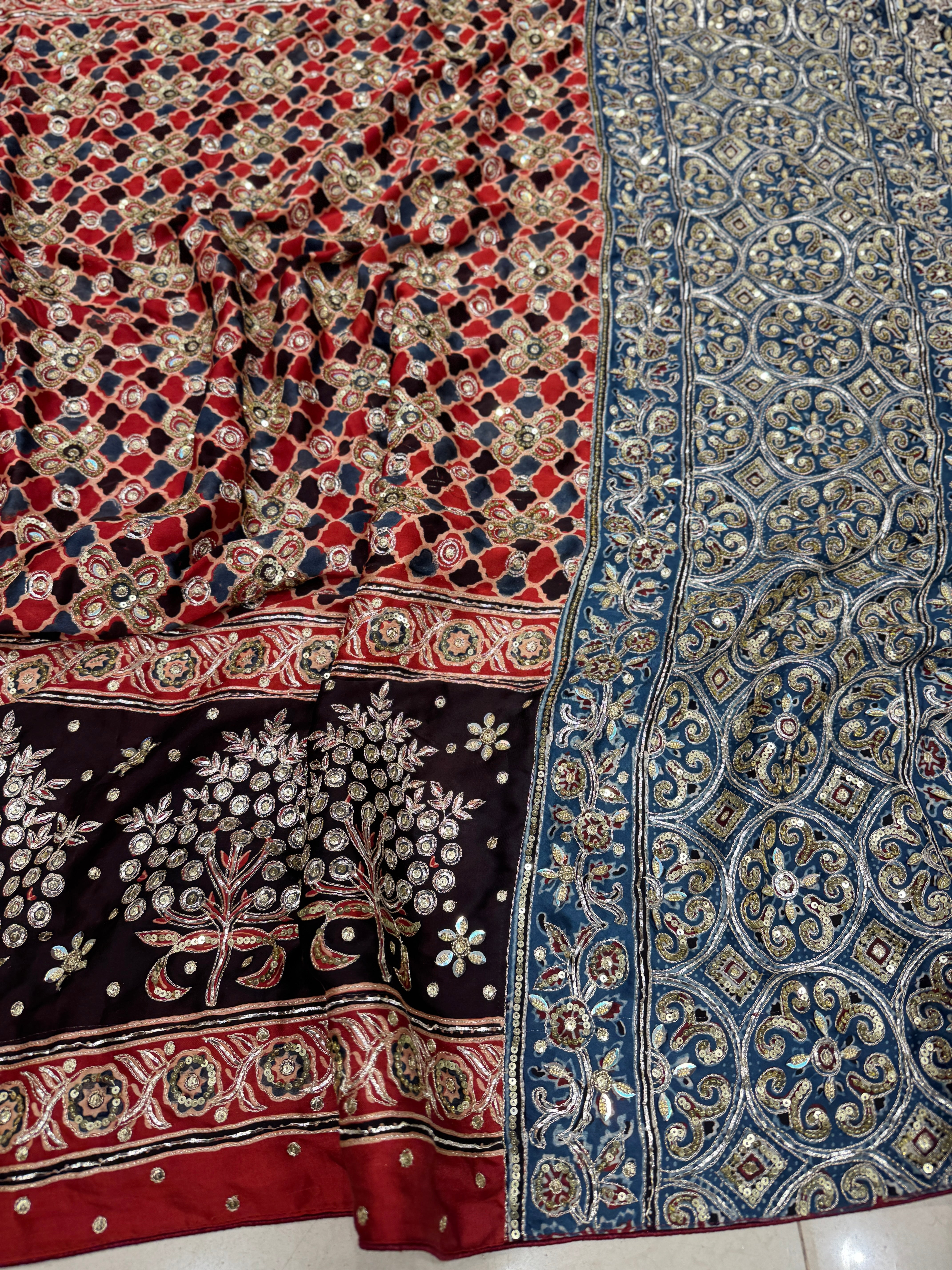 Red Blue Jali Buttas Pita Sequin Ajrakh Hand Embroidery Saree