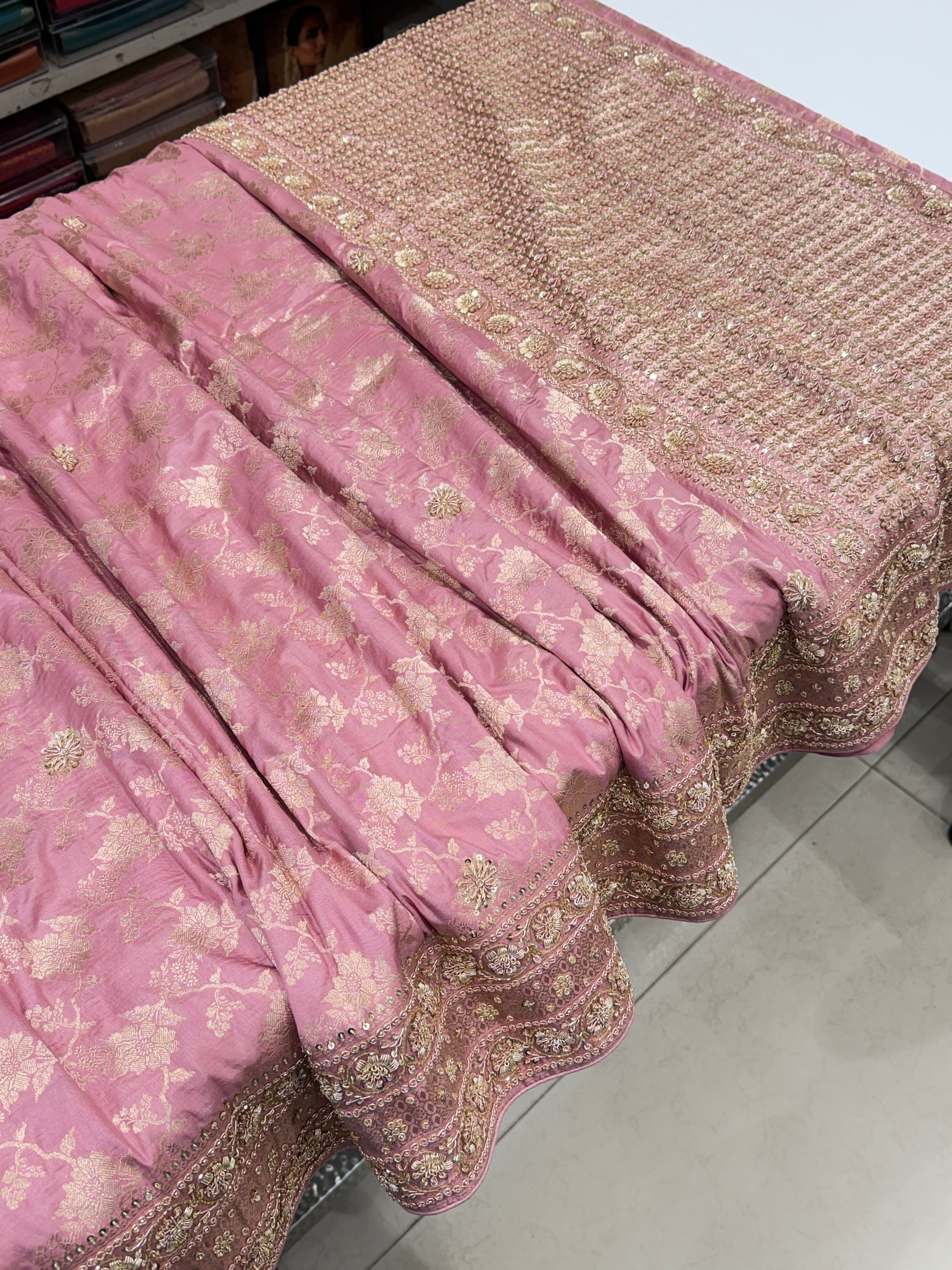 Pink Jaal Handloom Banarasi Katan Silk Zardosi Hand Embroidery Saree