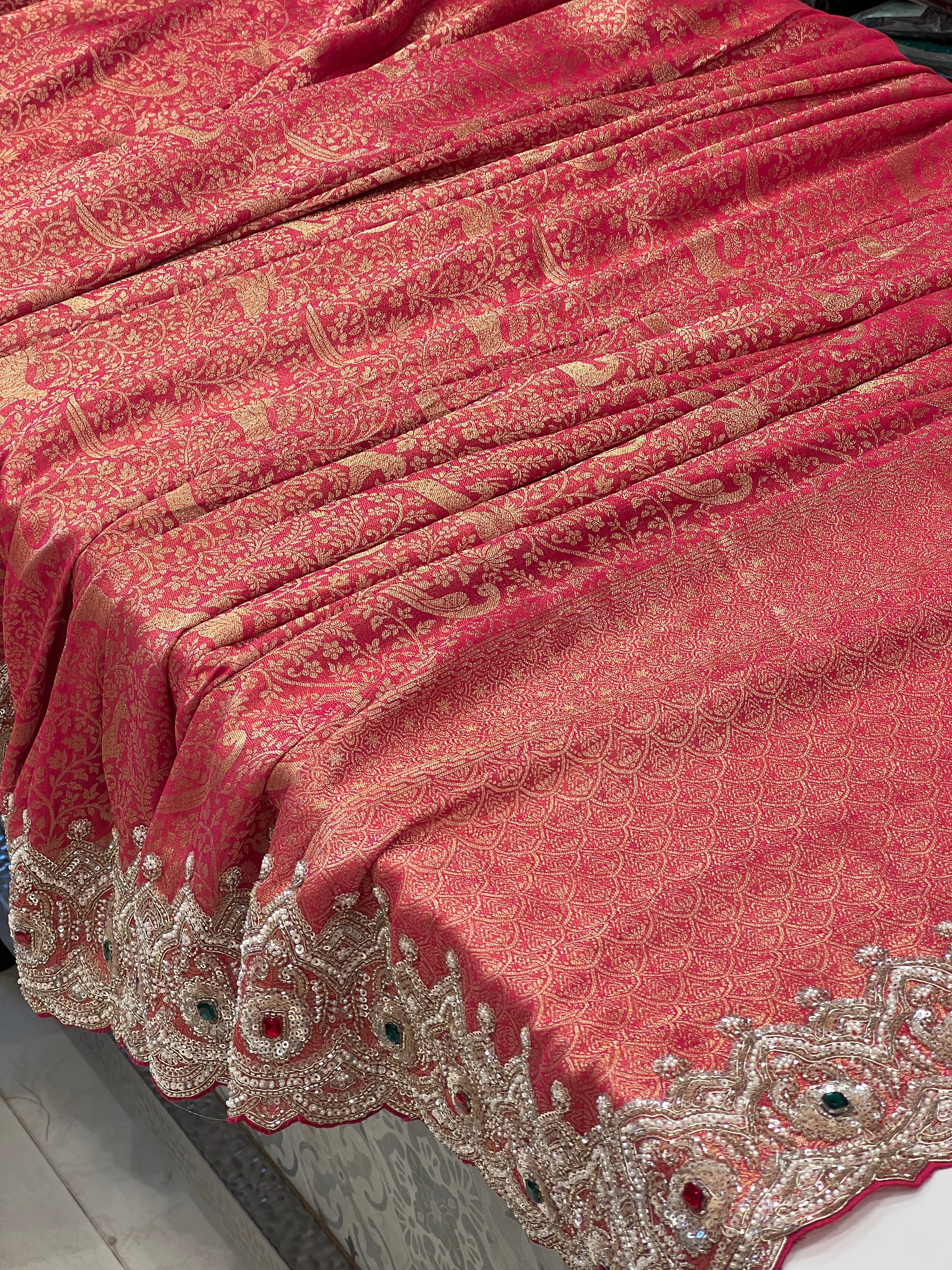 Reddish Rani Tissue Crepe Shikara Style Weave Crystal Embroidery Saree
