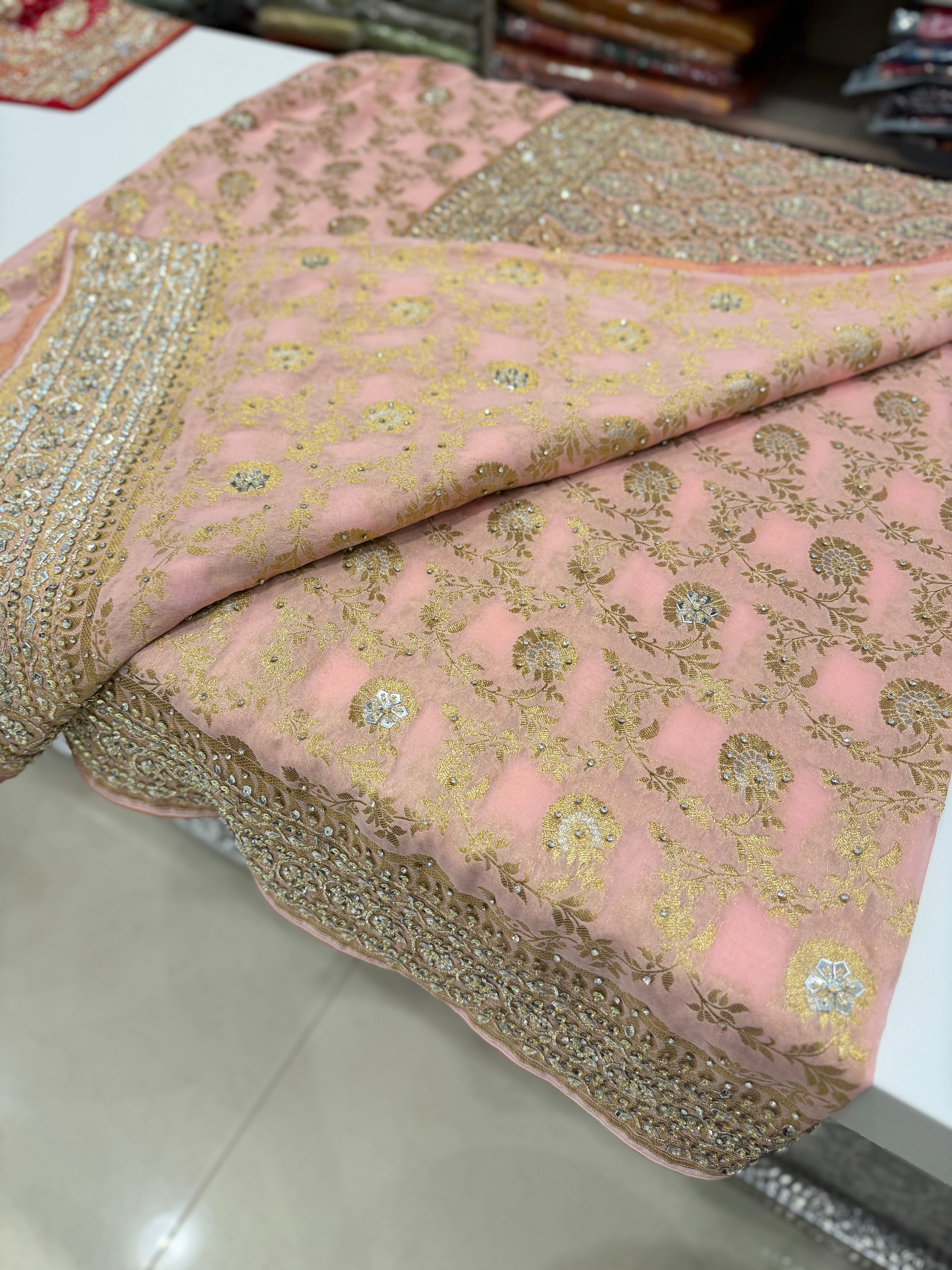Pink Banarasi Khaddi Georgette Pita Zardosi Hand Embroidery Saree