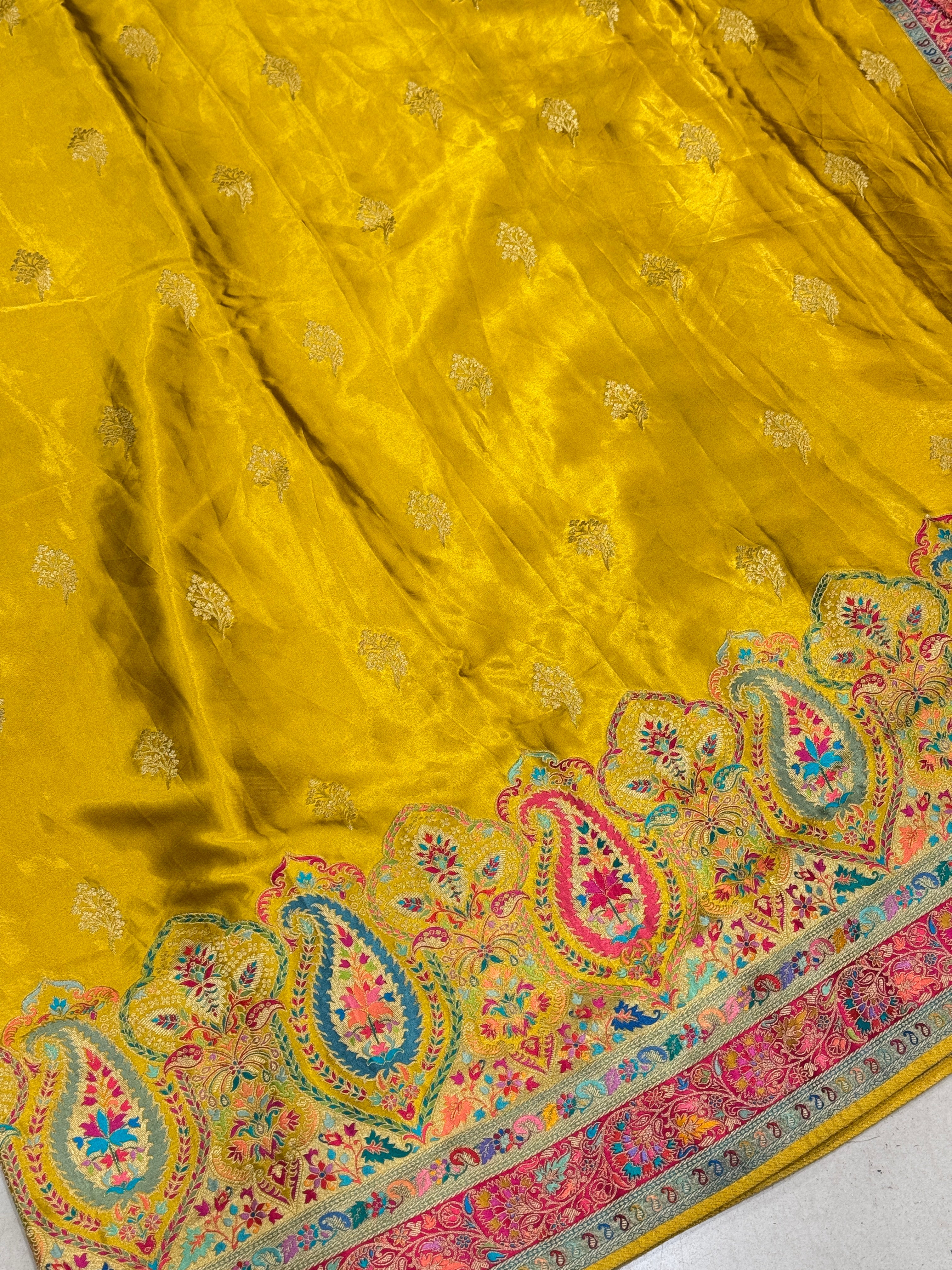 Yellow Banarasi Modal Satin Saree Pashmina Style Border