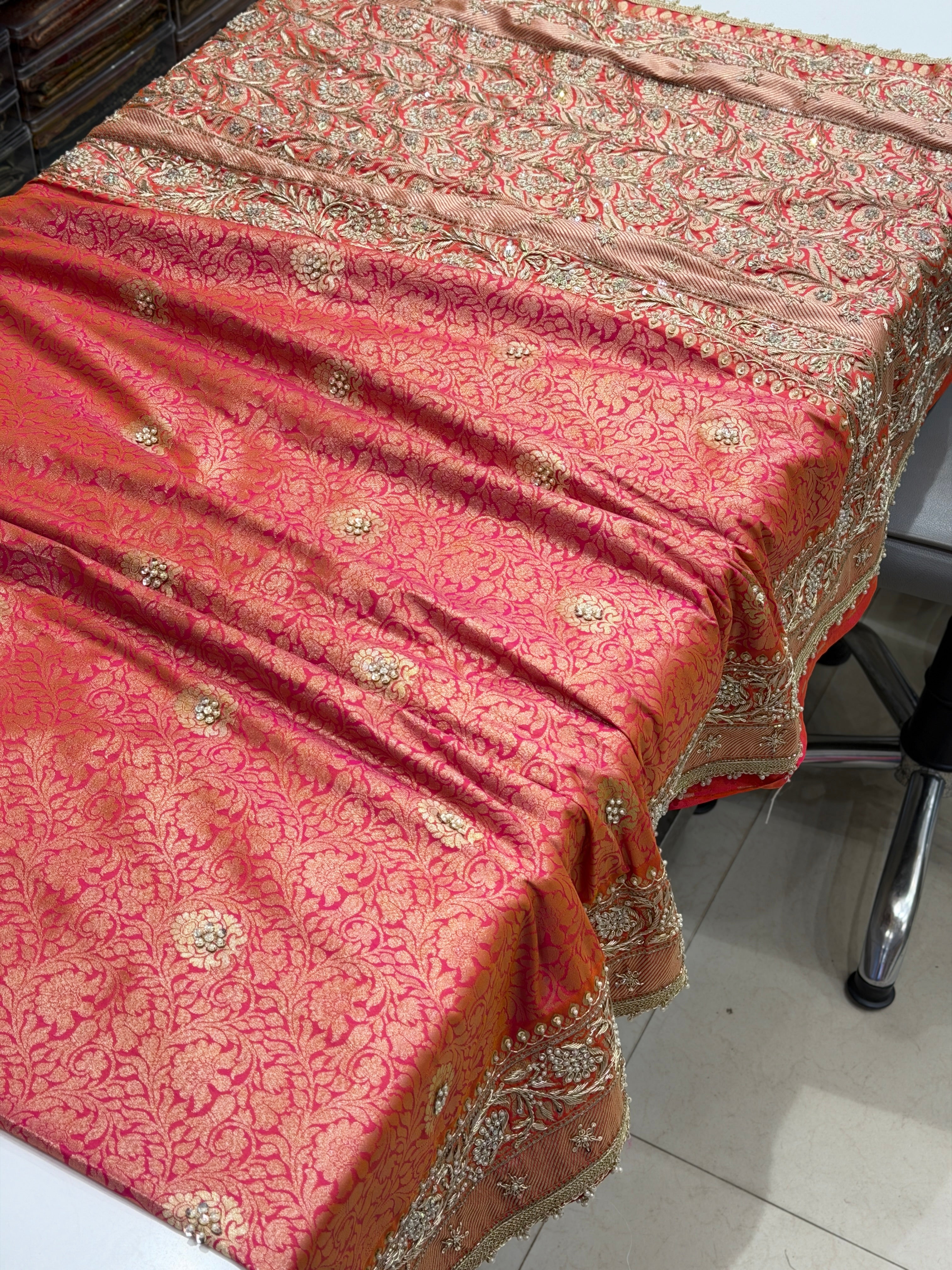 Rani Dhupchav Banarasi Zardosi Hand Embroidery Brocade Saree