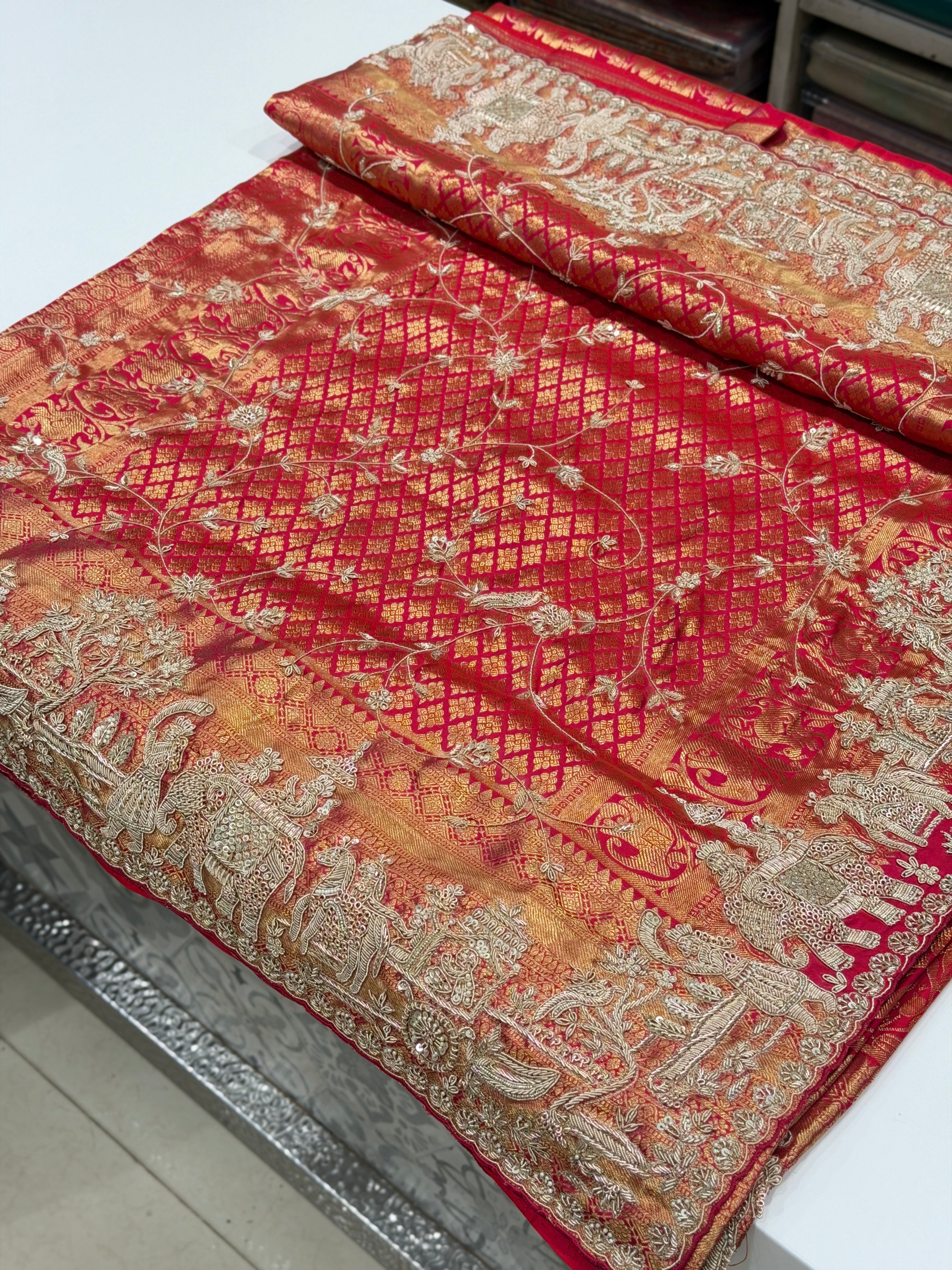 Rani Pink Kanjivaram Doli Edit Zardosi Hand Embroidery Zardosi Saree