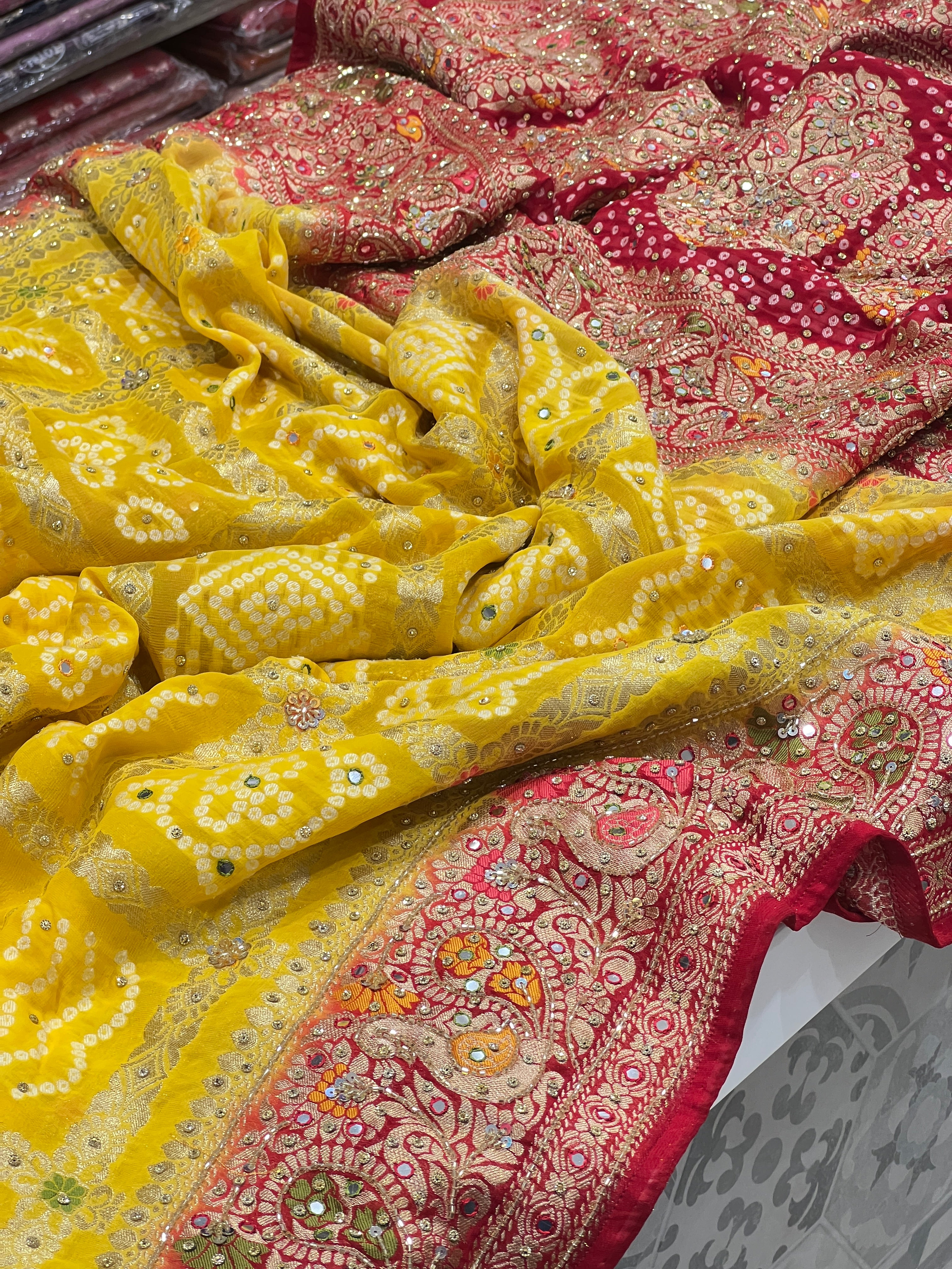 Yellow Red Gharchola Hand Embroidery Saree