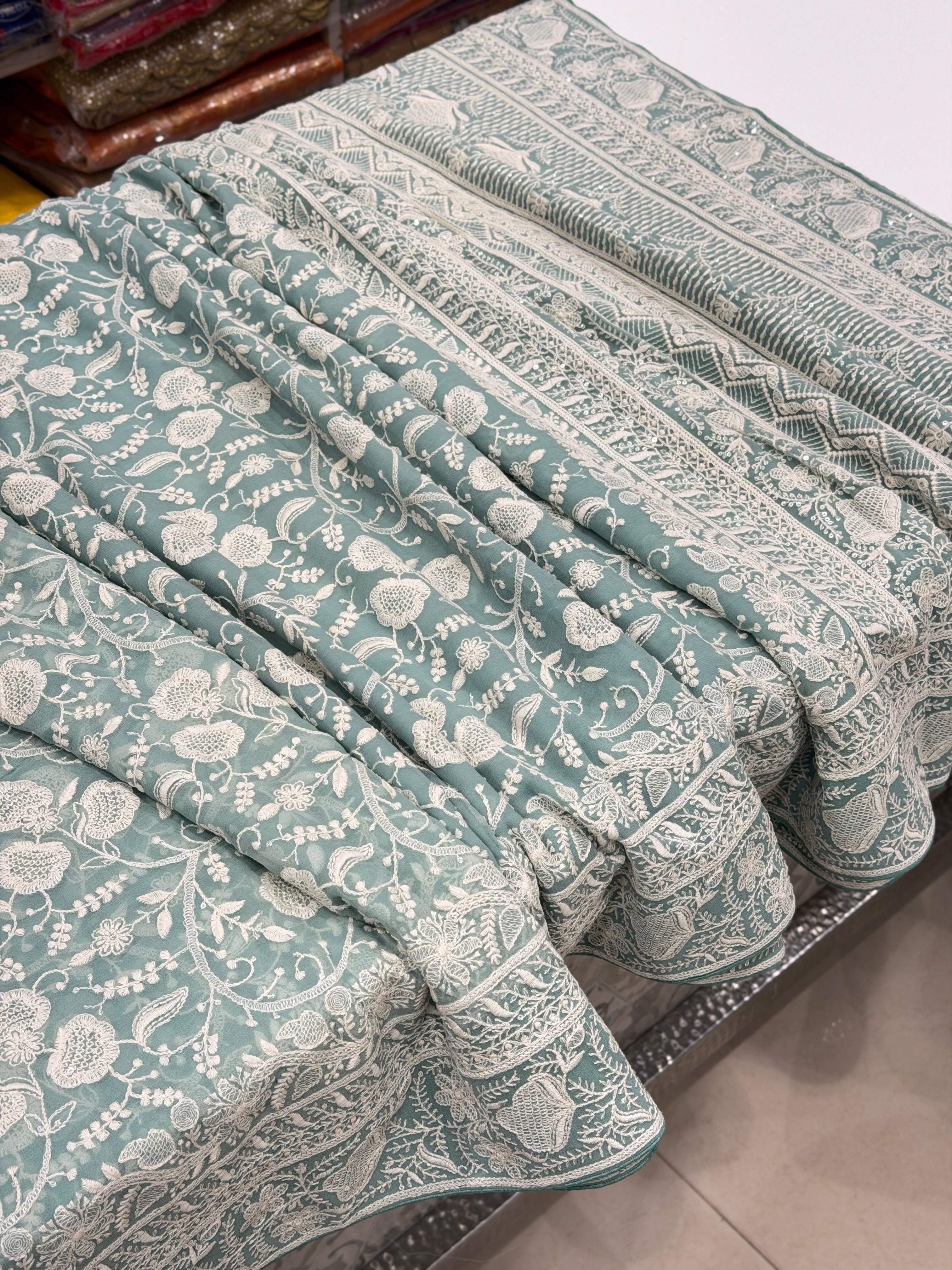 Mint Green Georgette Chikankari Three Floral Jaal Resham Embroidery Saree