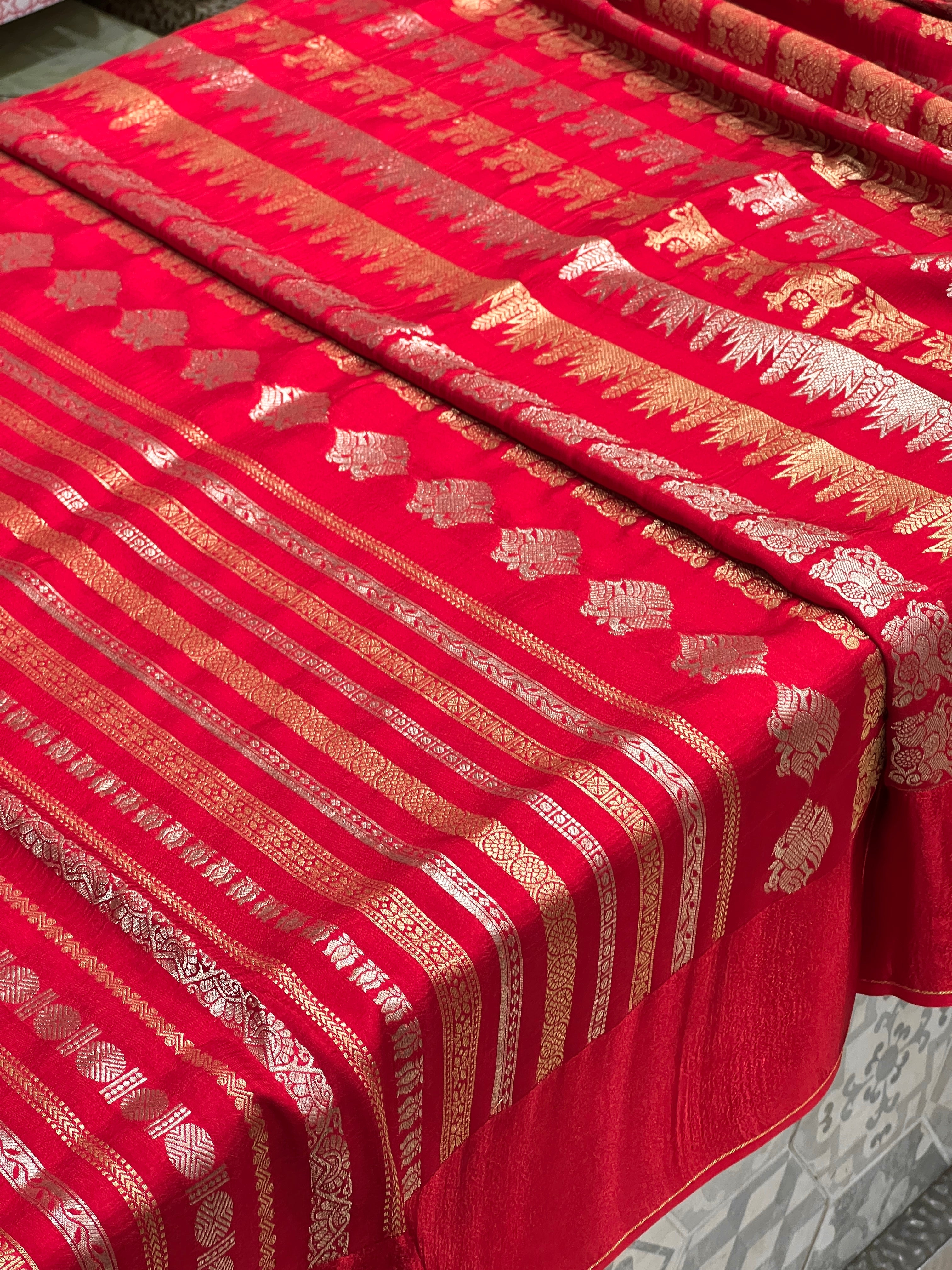 Red Nita Ambani Inspired Banarasi Contemporary Saree