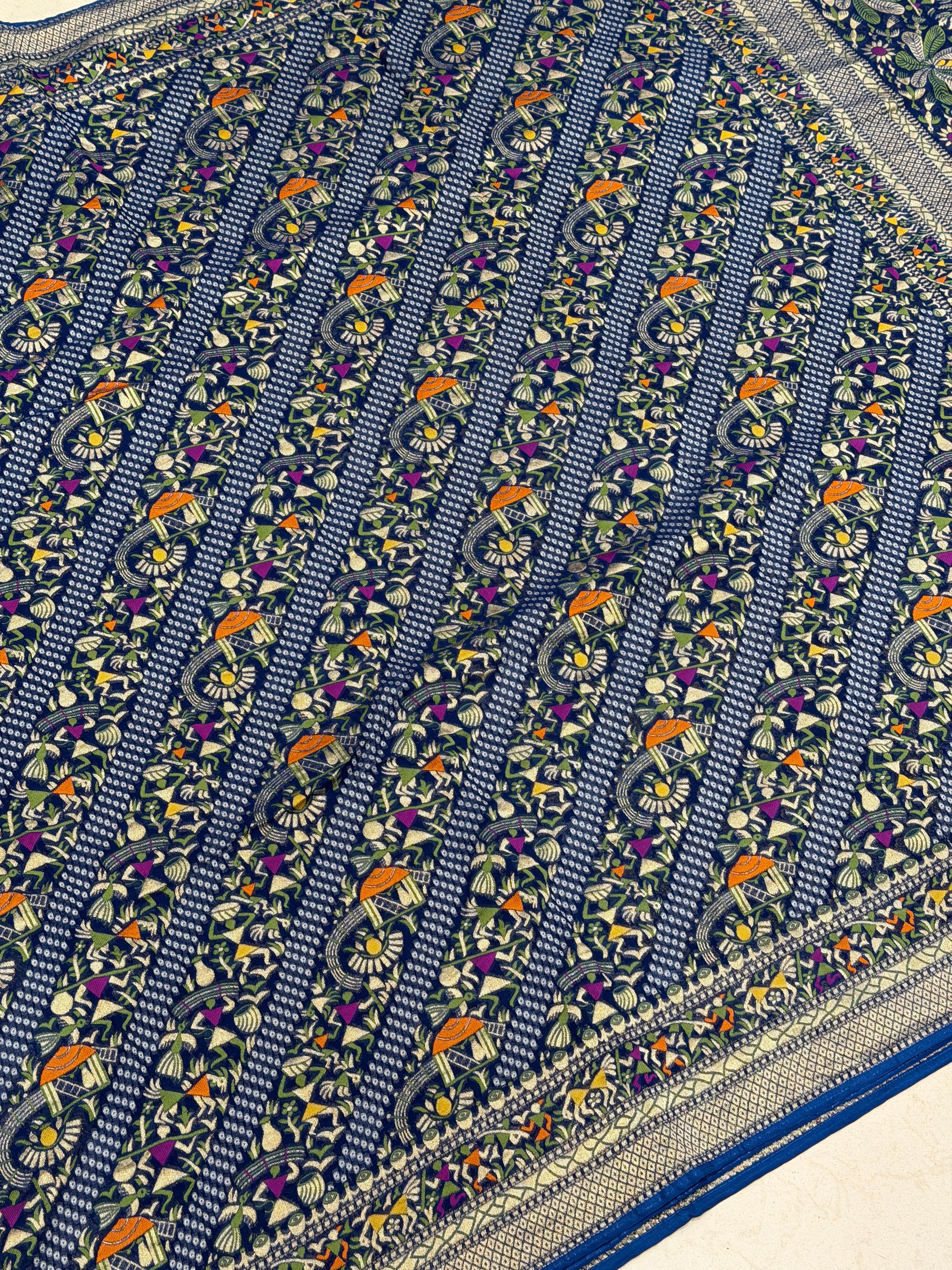 Navy Blue Warli Style Woven Bandhej Georgette Saree