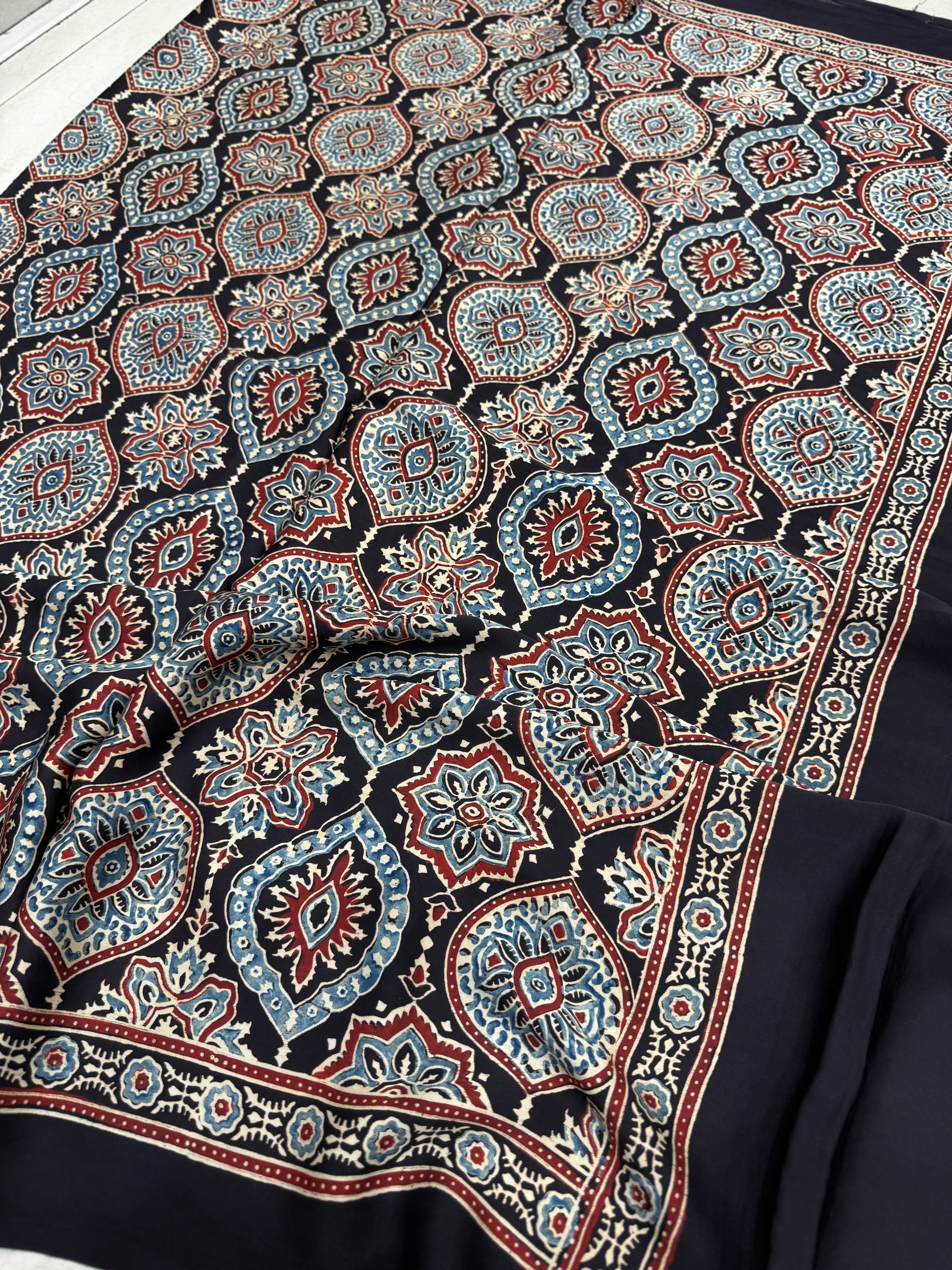 Blue Moon Pallu Ajrakh Modal Gajji Silk Saree