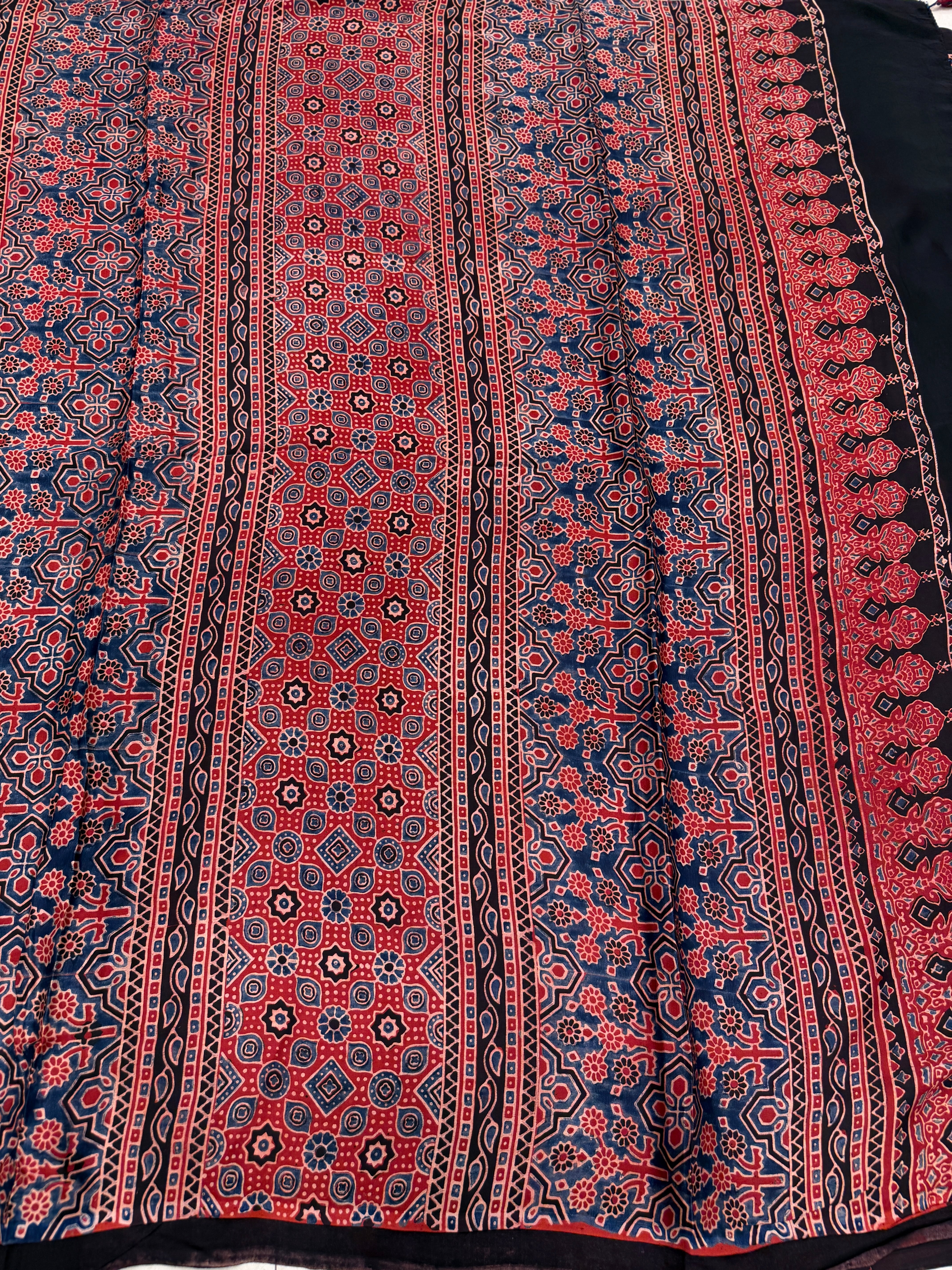 Red Buttis Ajrakh Block Print Hand Pure Gajji Silk Saree