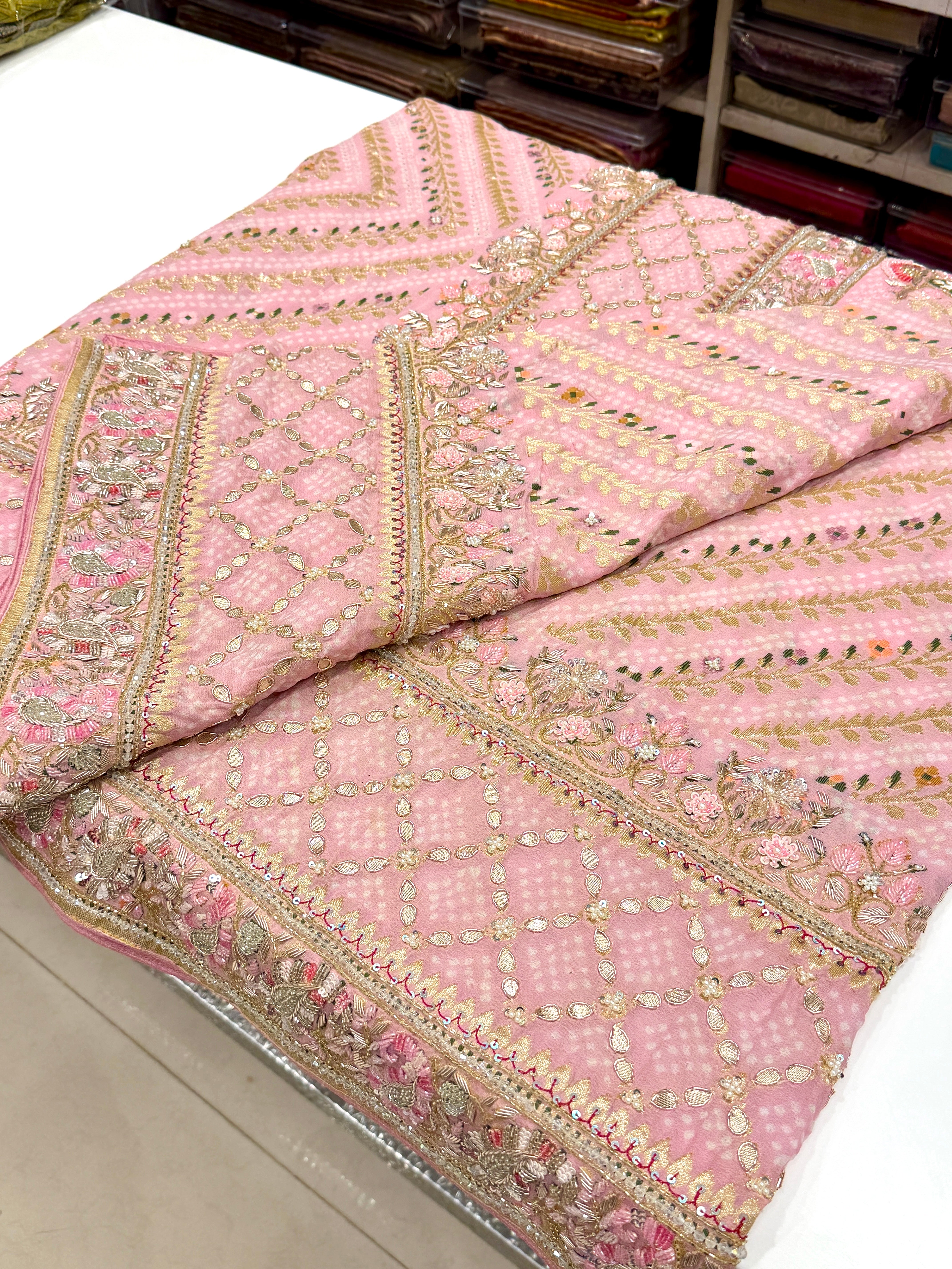 Pastel Pink Bandhej Meenakari Hand Embroidery Saree