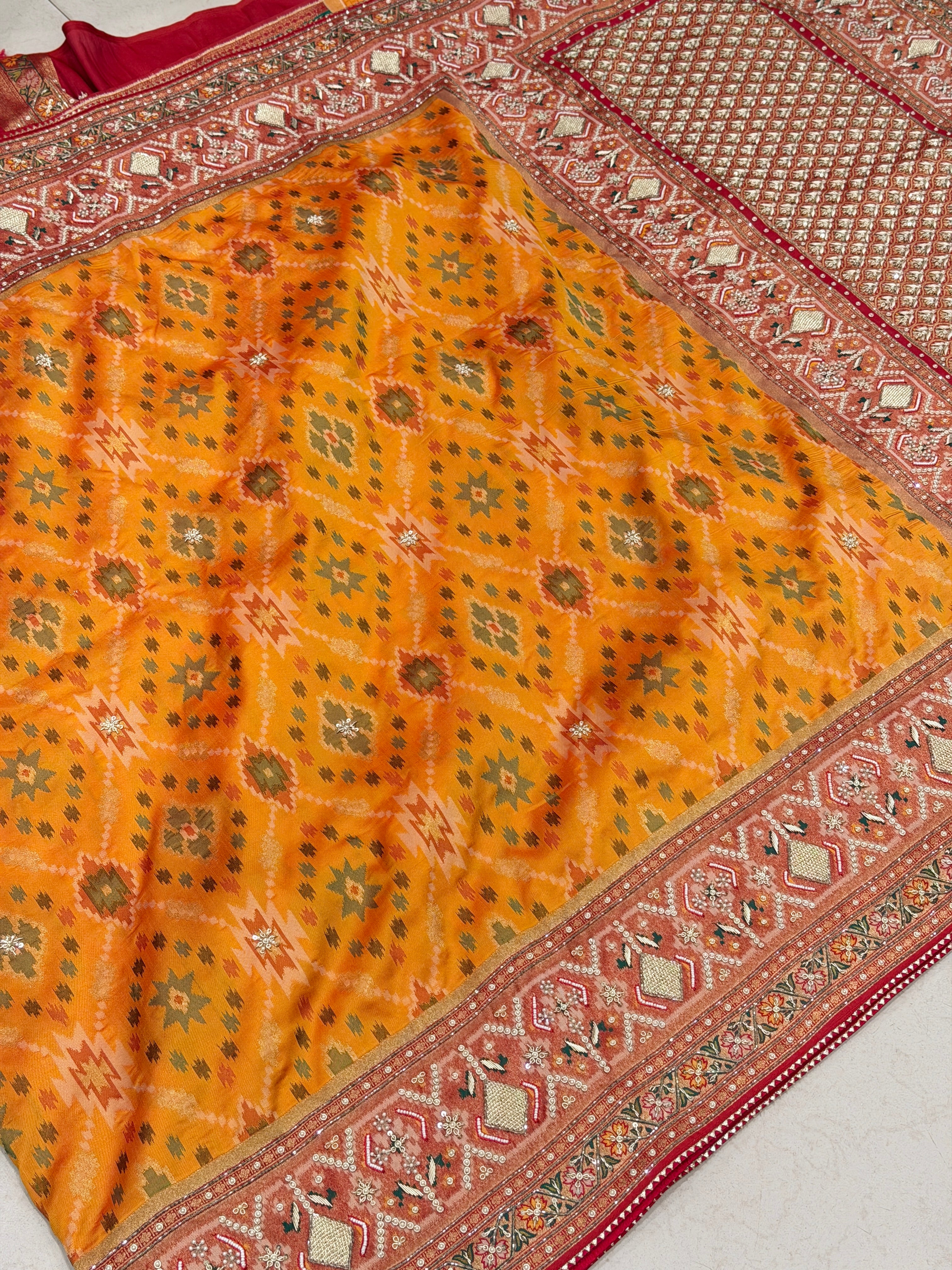 Rust Orange Big Jaal Patola Zardosi Hand Embroidery Saree