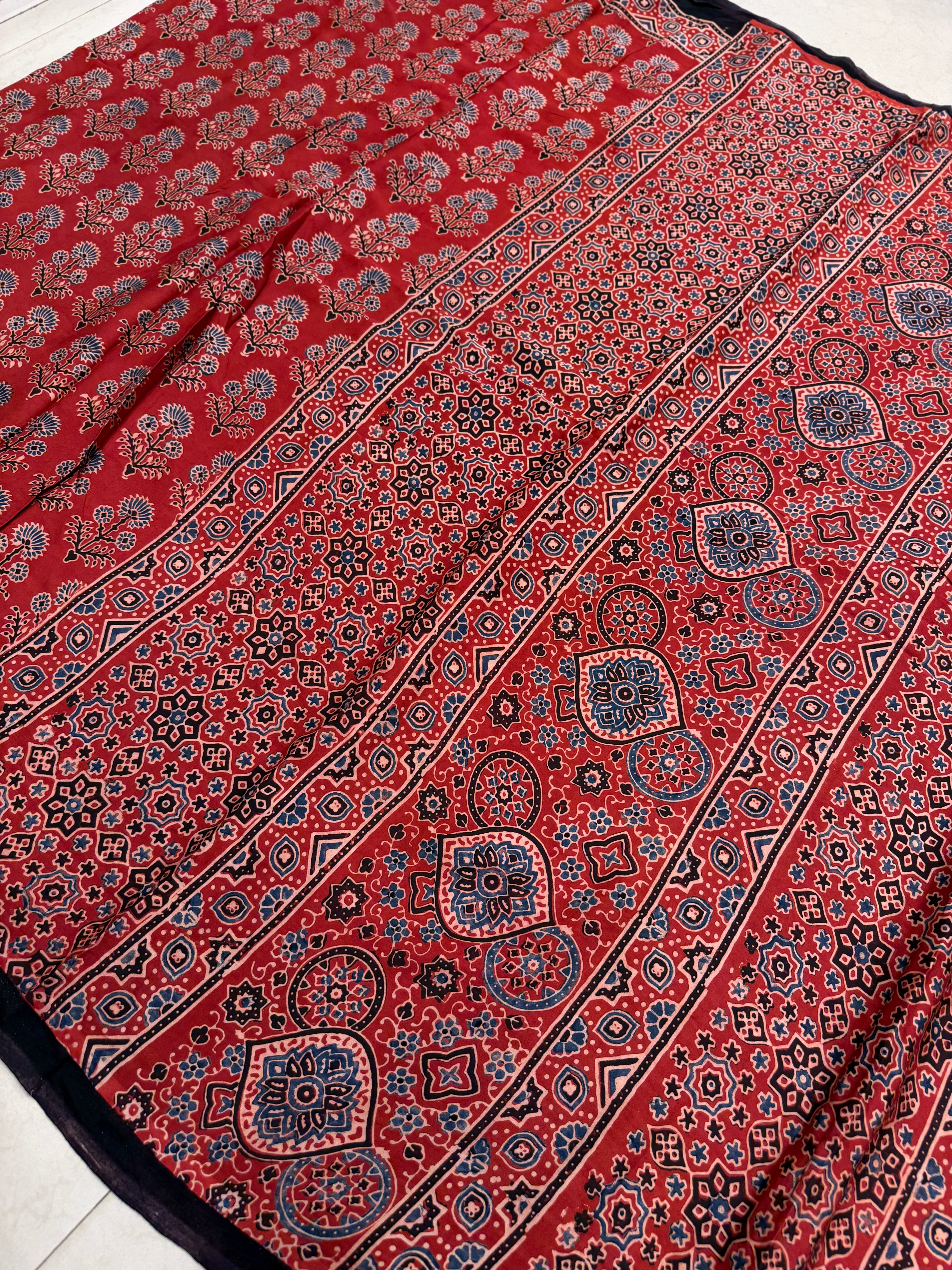 Red Buttas Ajrakh Hand Block Print Pure Gajji Silk Saree