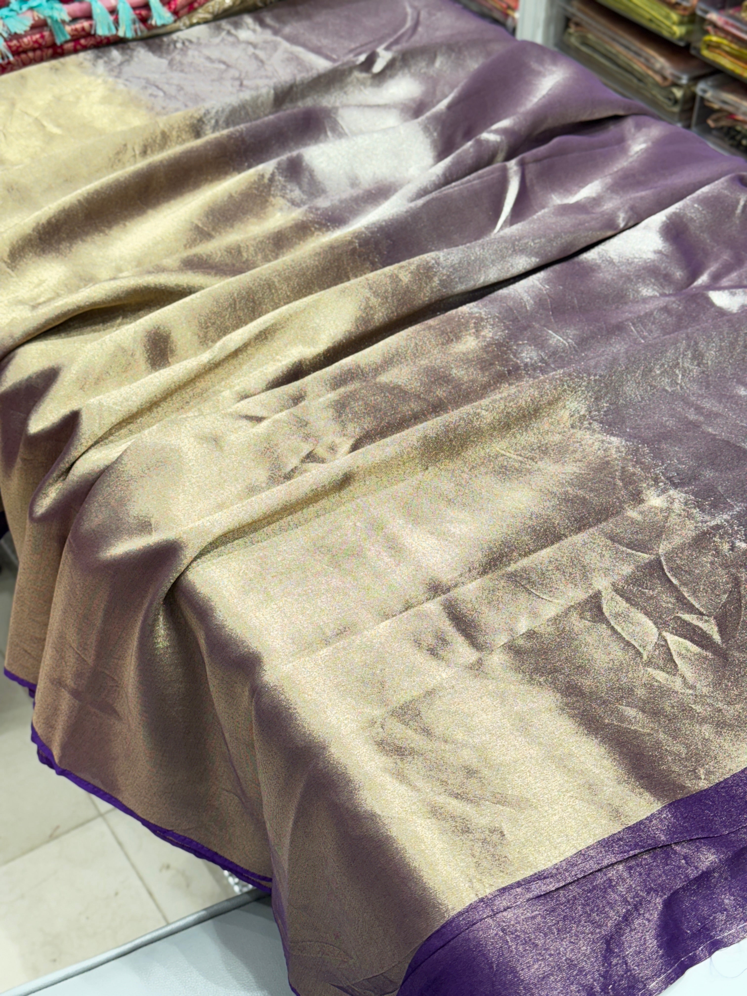 Violet Gold Silver Half Half Contemporary Banarasi Tissue Silk Saree