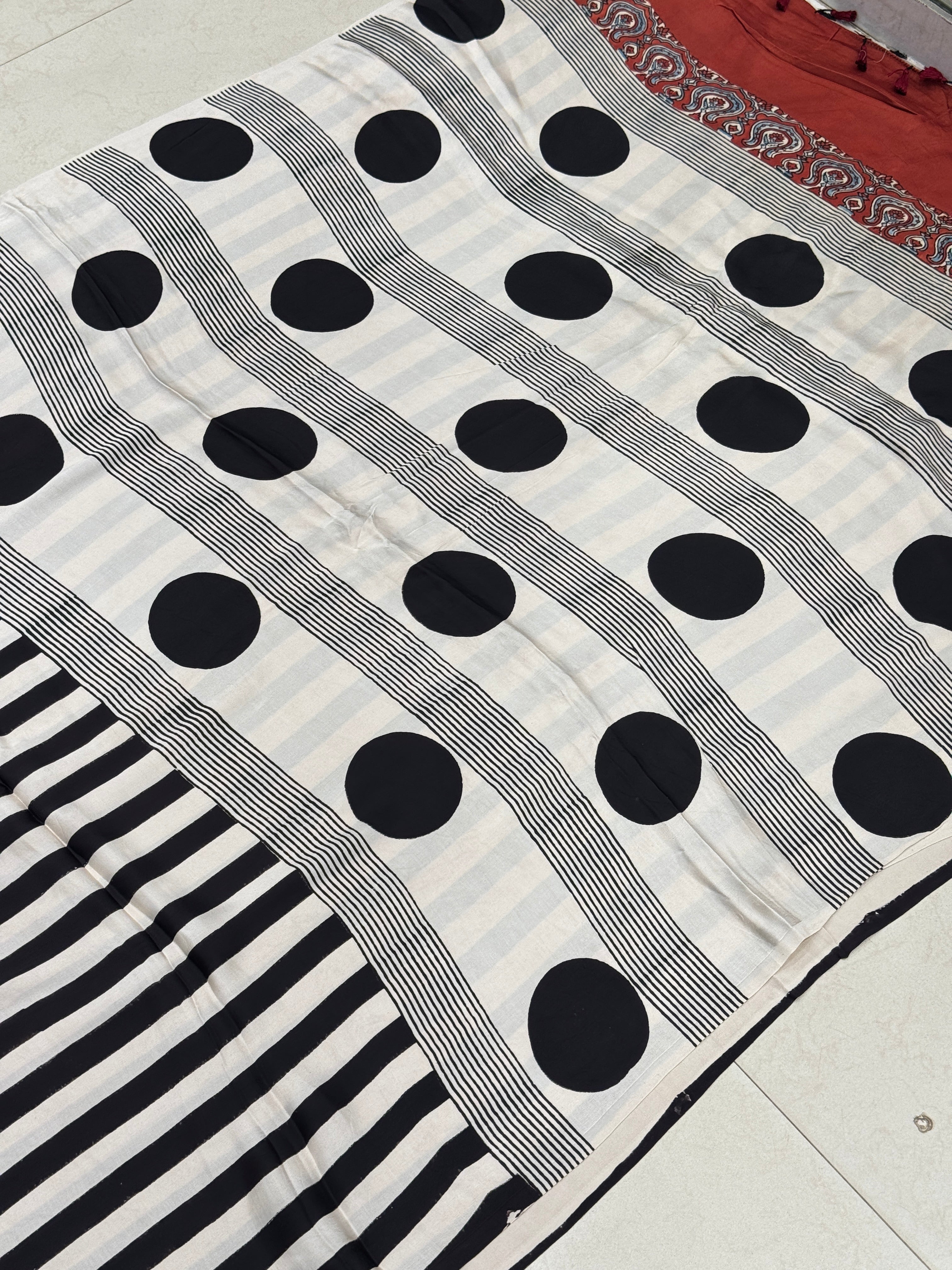 Black and White Contemporary Ajrakh Hand Block Print Pure Gajji Silk Saree