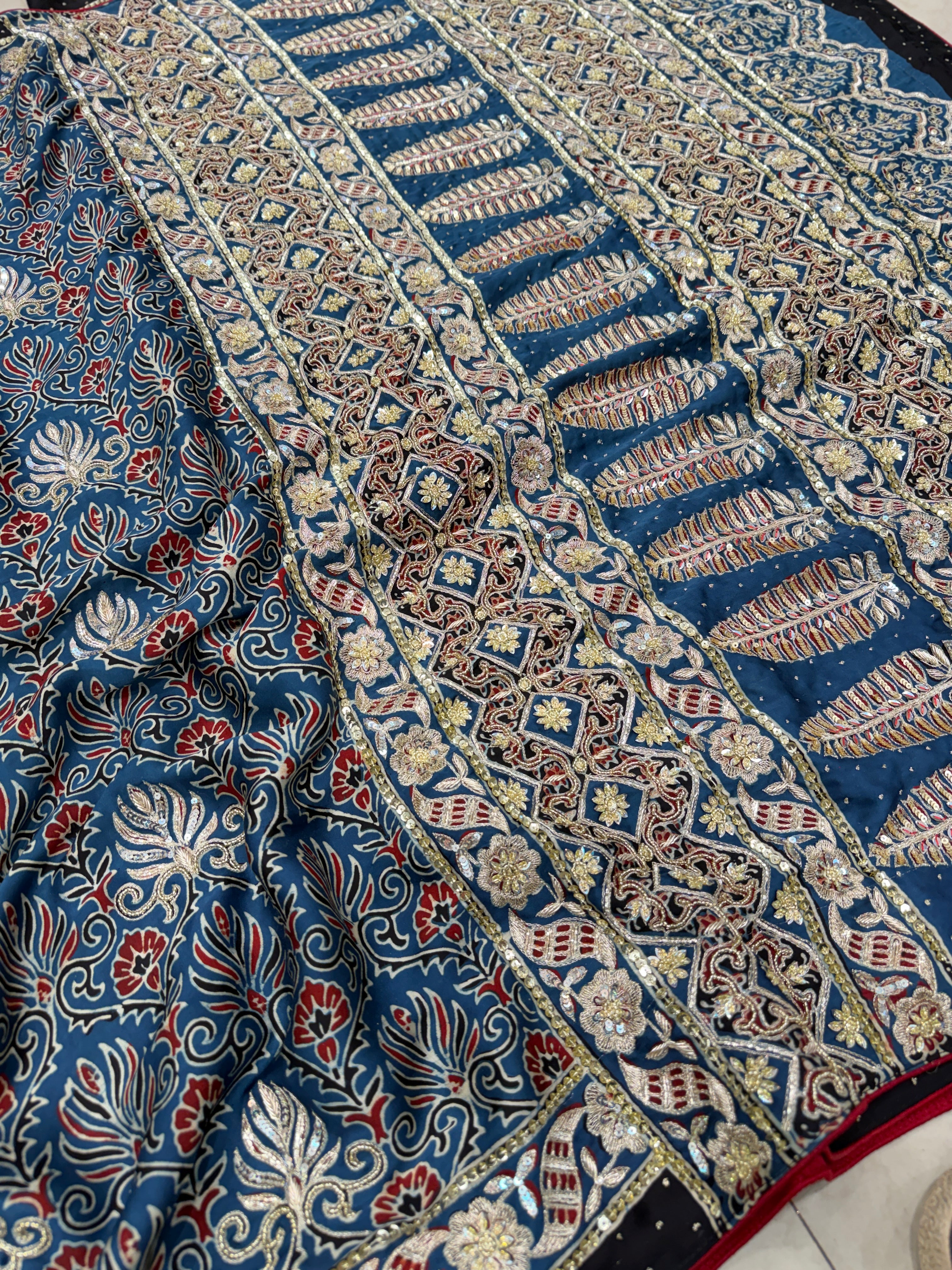 Blue Floral Butta Pita Sequin Ajrakh Hand Embroidery Saree