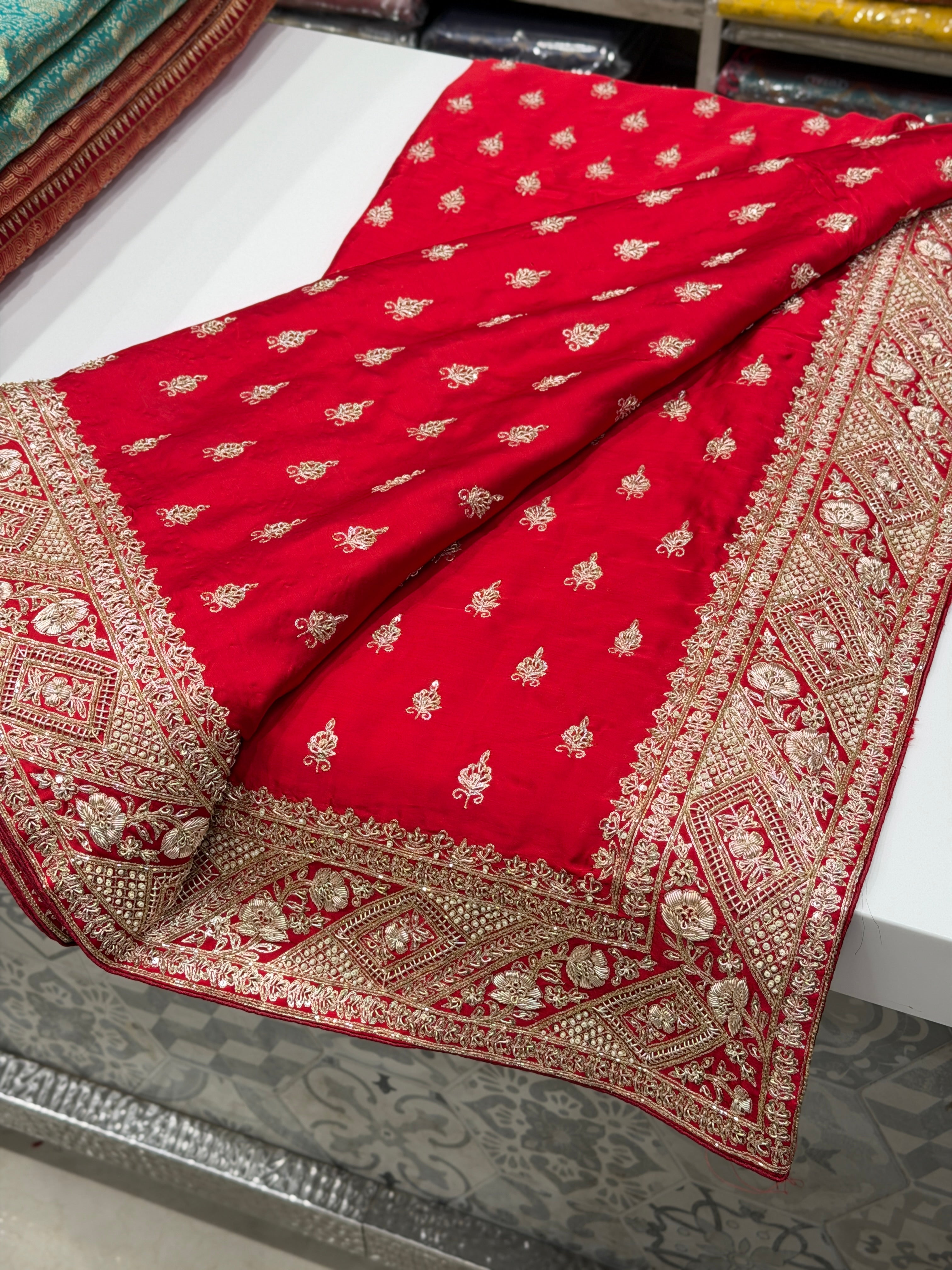 Red Hand Embroidery Buttis Pure Satin Zardosi Embroidery