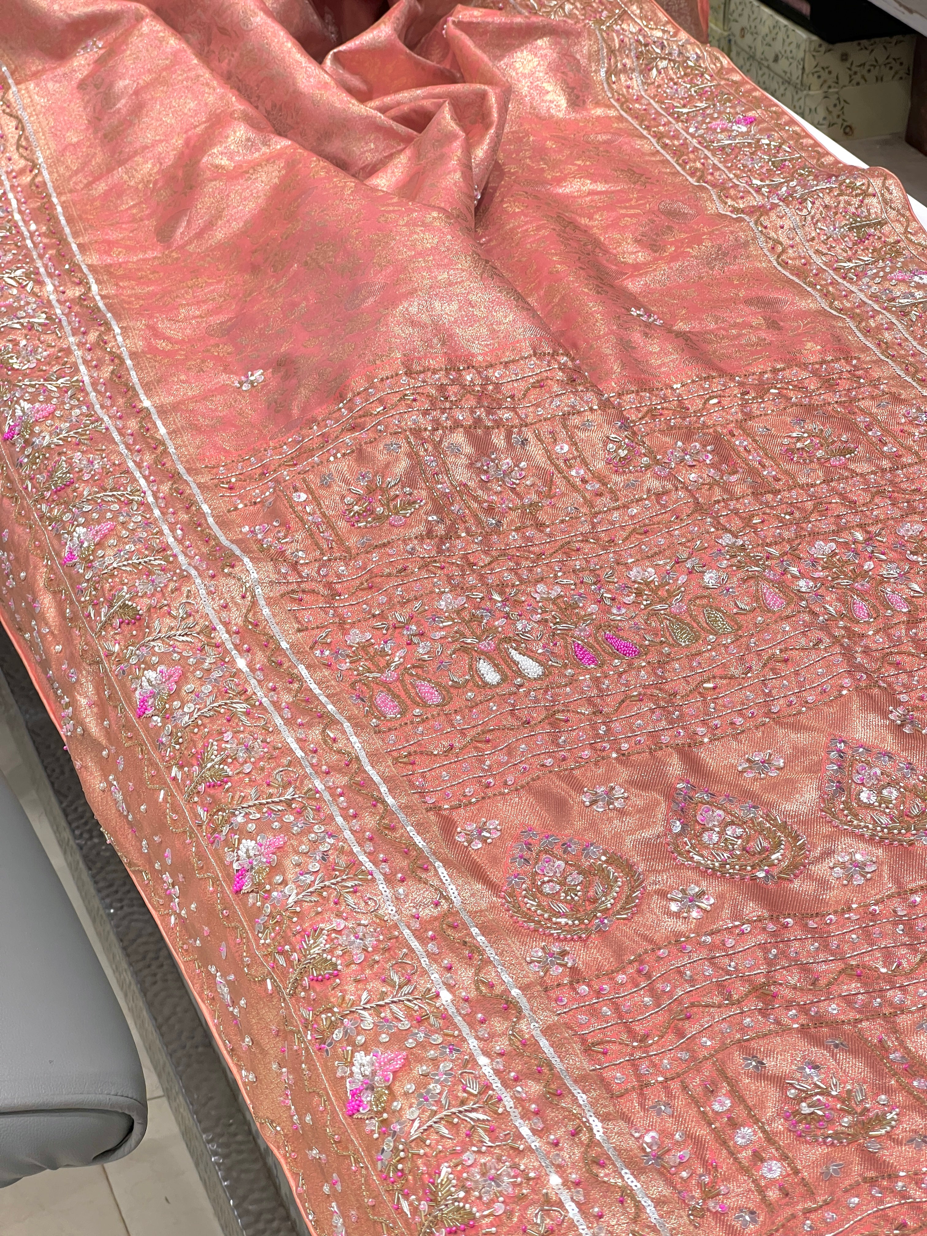 Peach Pink Kanjivaram Fancy Embroidery Saree