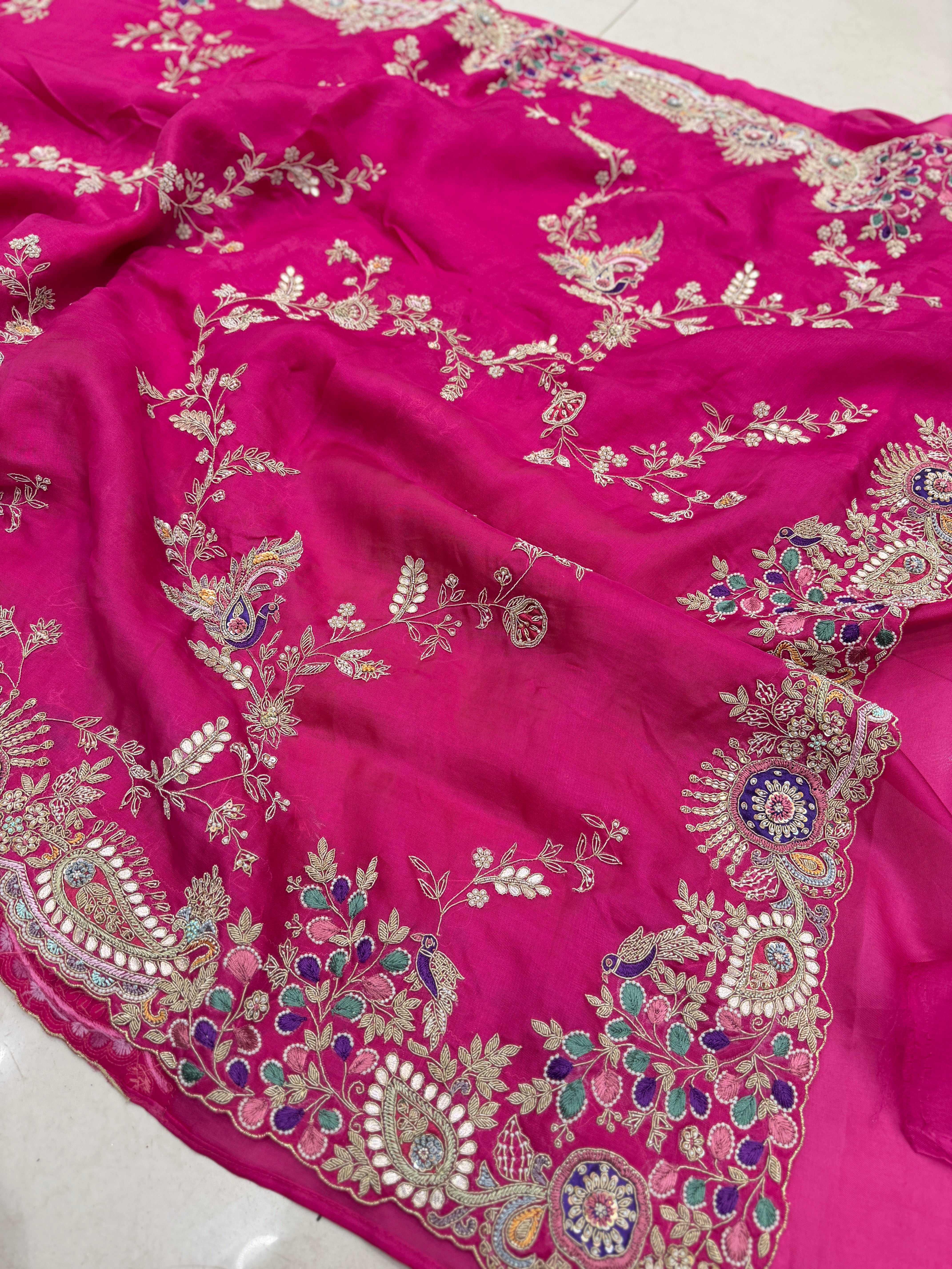 Rani Pink Organza Anamika Khanna Inspired Hand Embroidery Saree