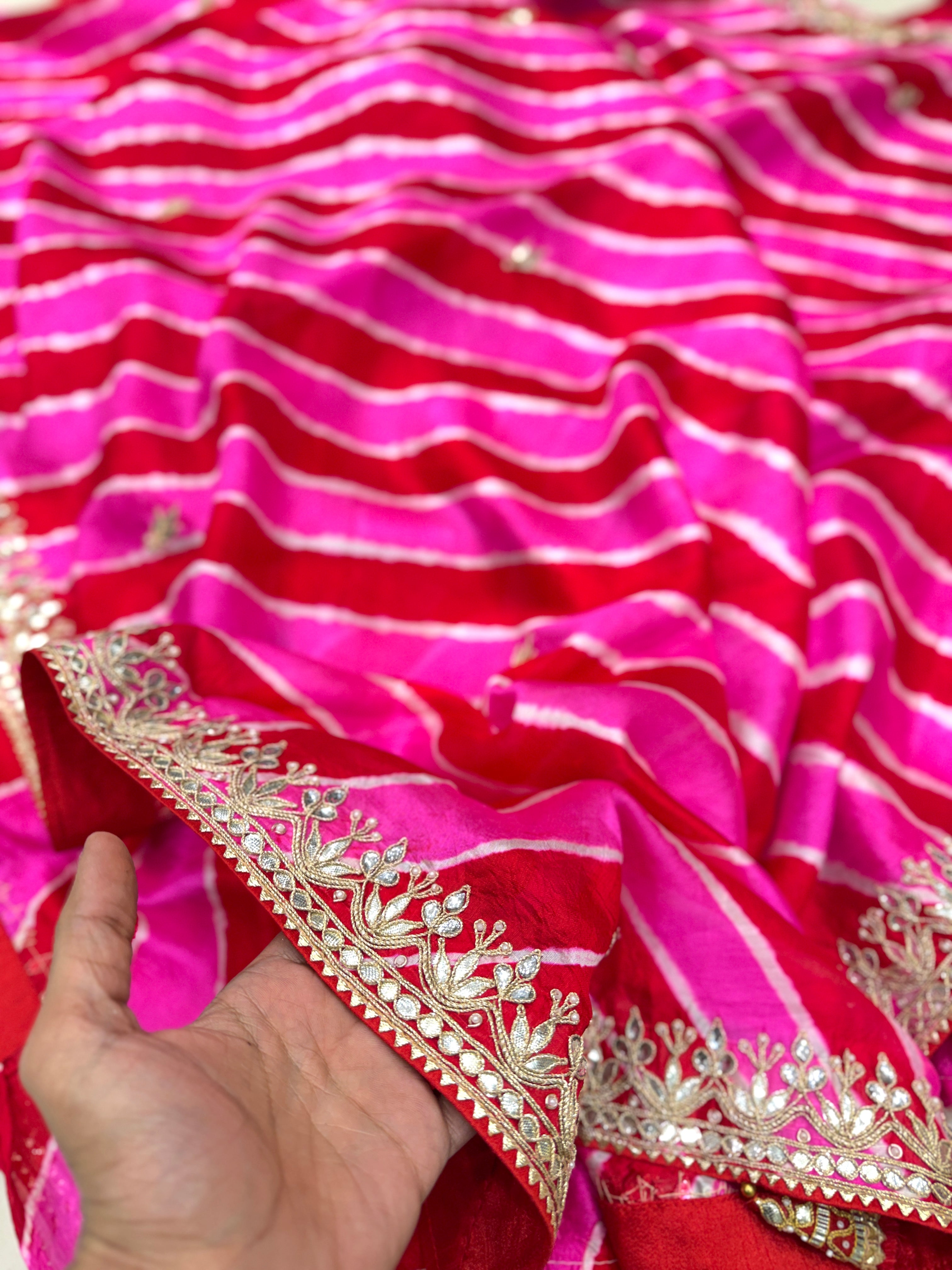 Rani Pink Leheriya Tussor with Gotapatti Embroidery Saree