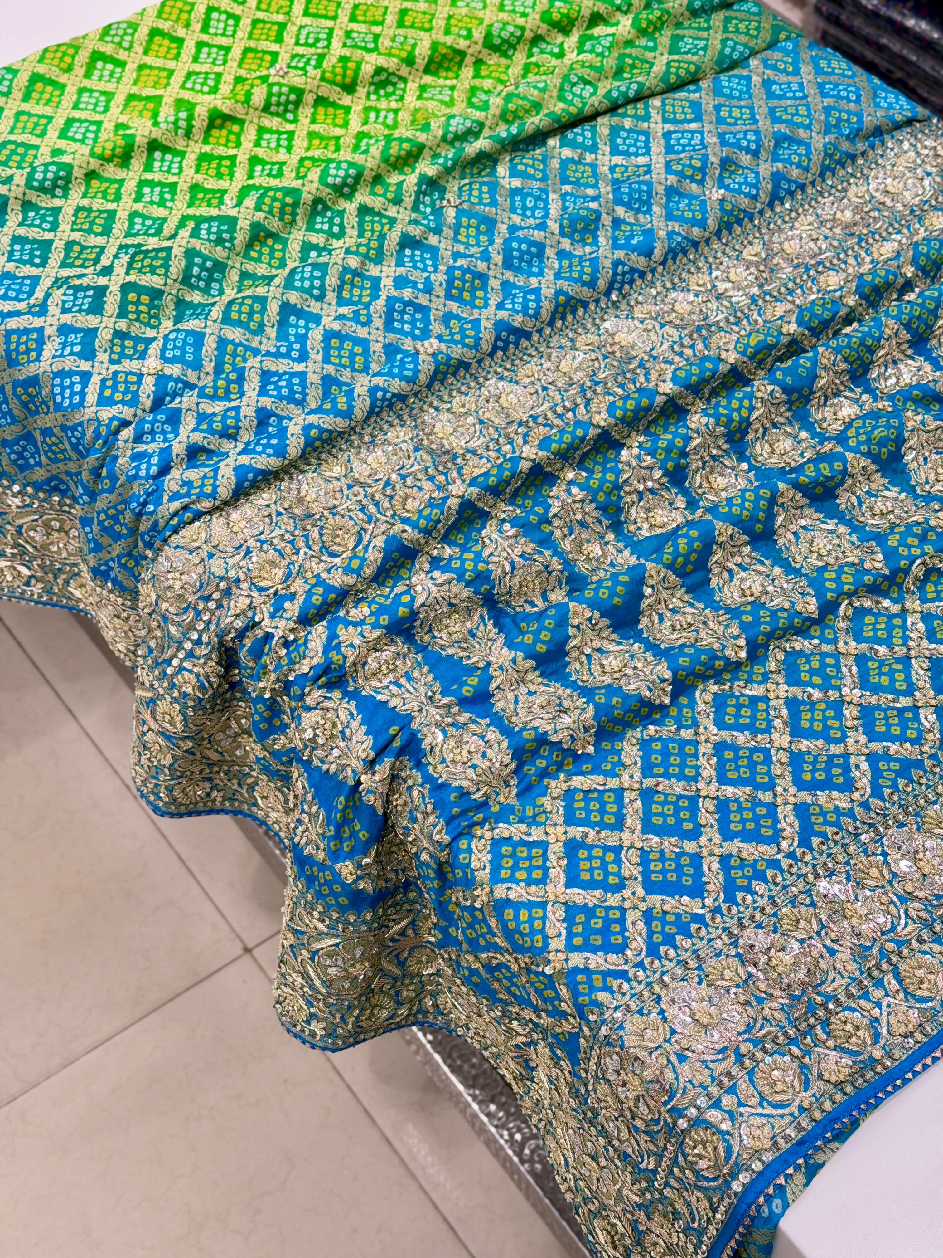 Green Shaded Bandhej Zardosi Pita Hand Embroidery Saree