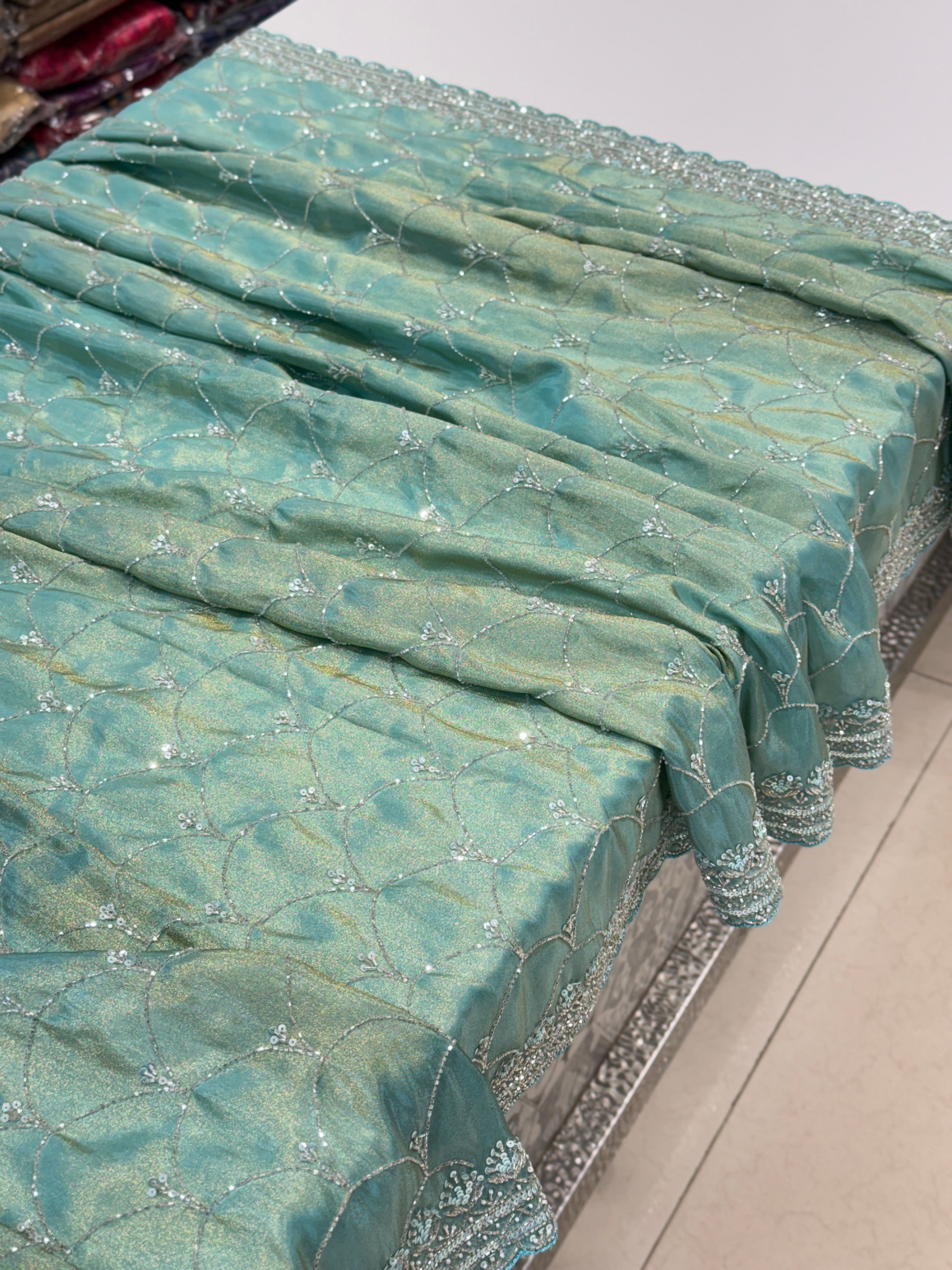 Sea Green Crepe Tissue Sequin Embroidery Saree