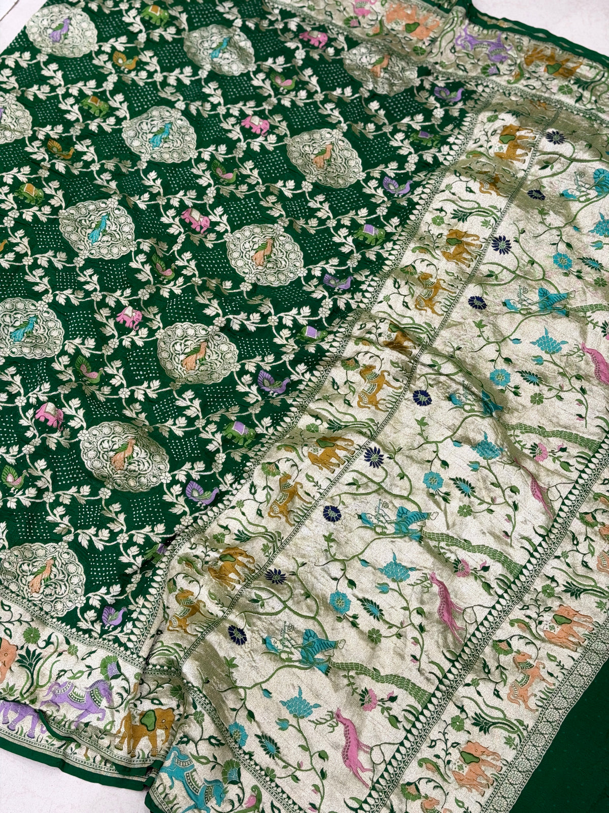 Bottle Green Meenakari Elephant Motif Geoegette Rai Bandhej Saree