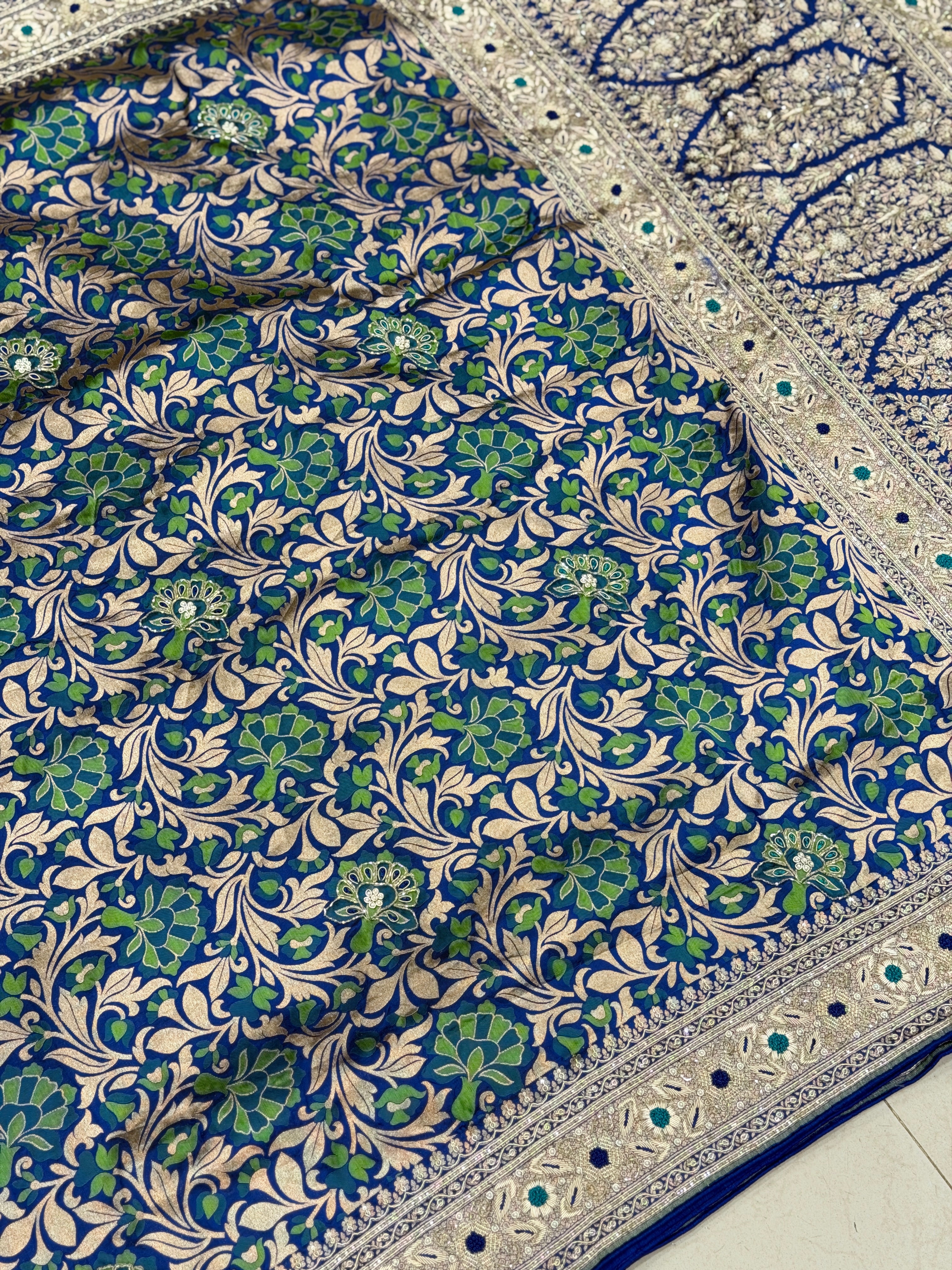 Blue Green Floral Handloom Banarasi Katan Silk Zardosi Hand Embroidery Saree