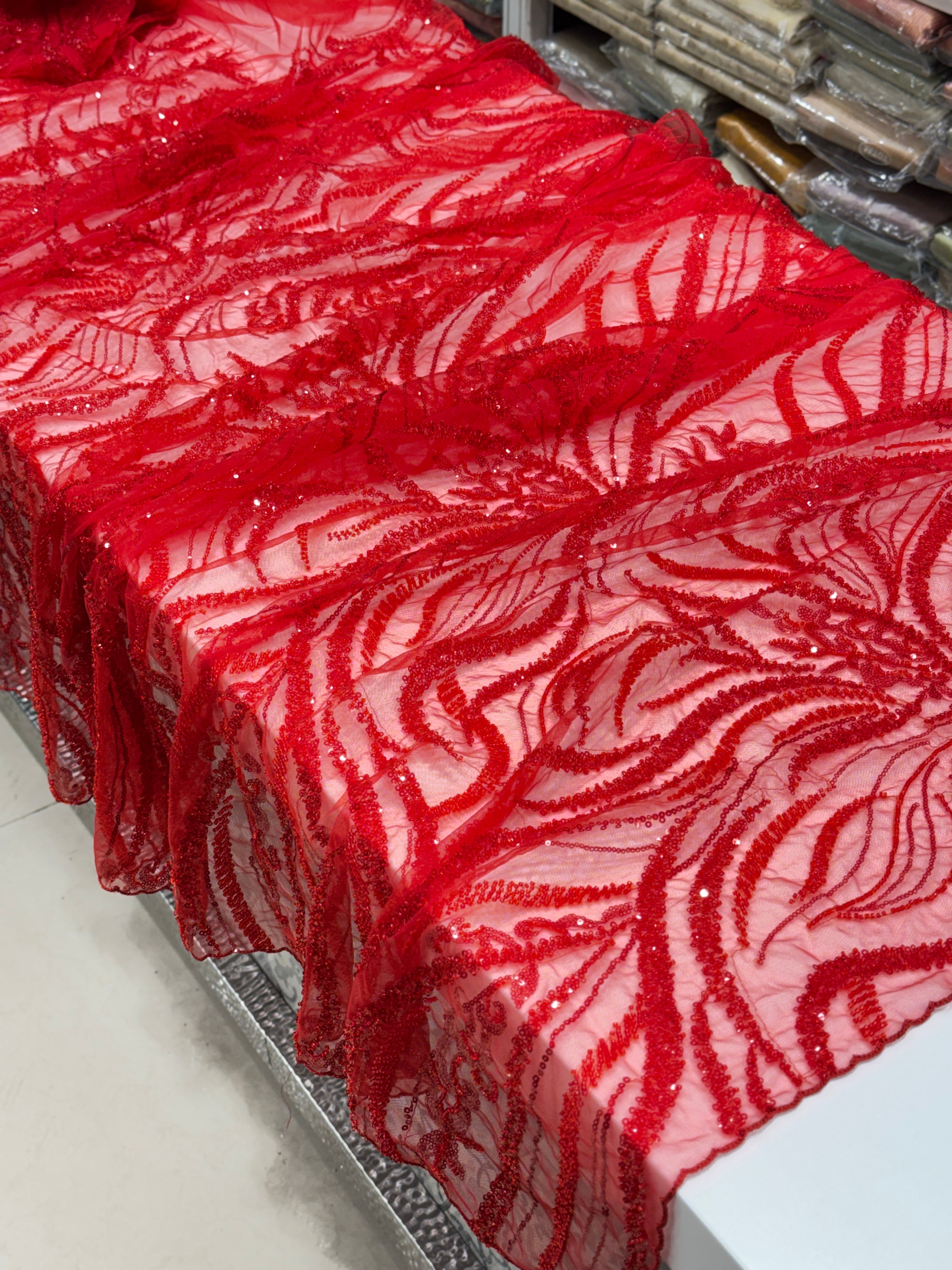 Red on Red Soft Net Moti Sequin Embroidery Saree