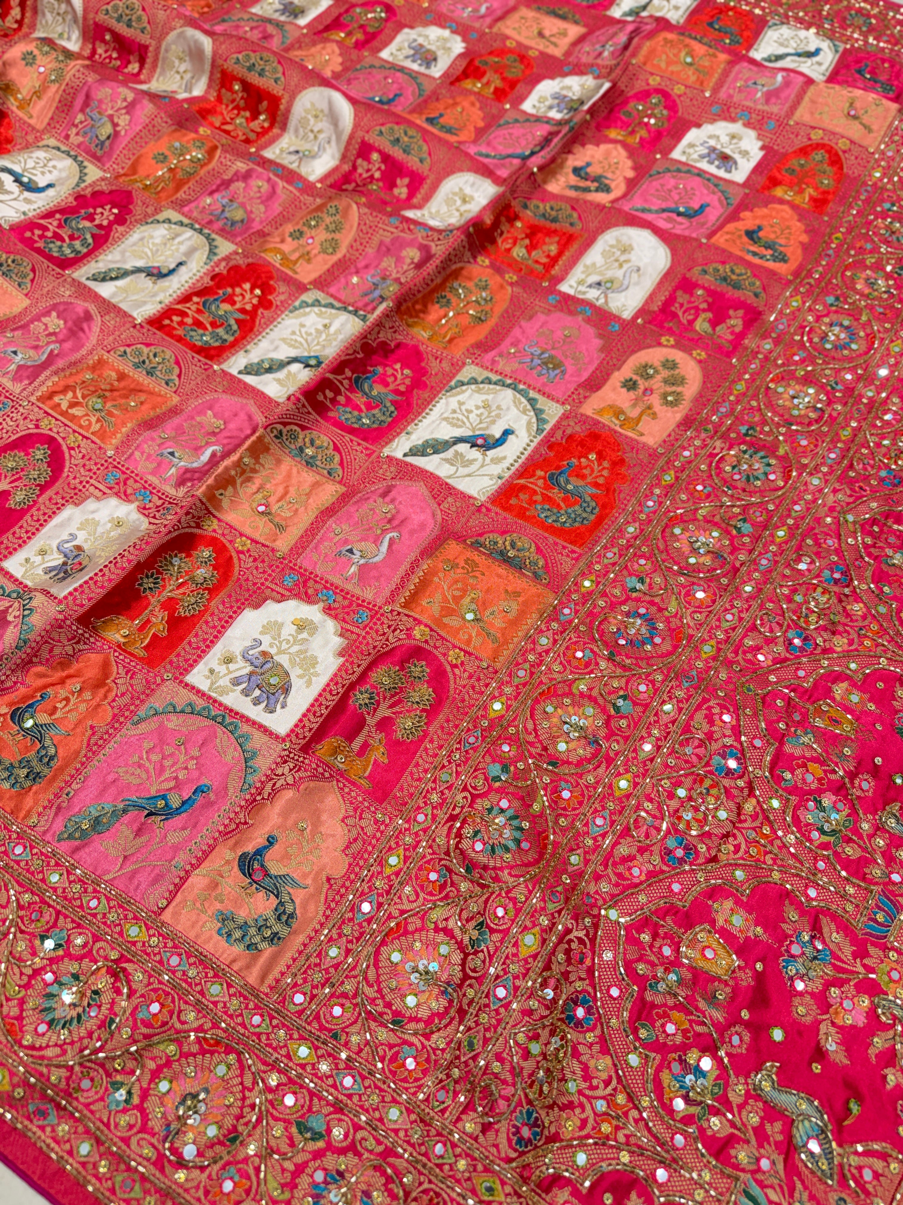 Banarasi Modal Rangkat Hawa Mahal Inspired Shikara Kutchi Hand Embroidery Saree