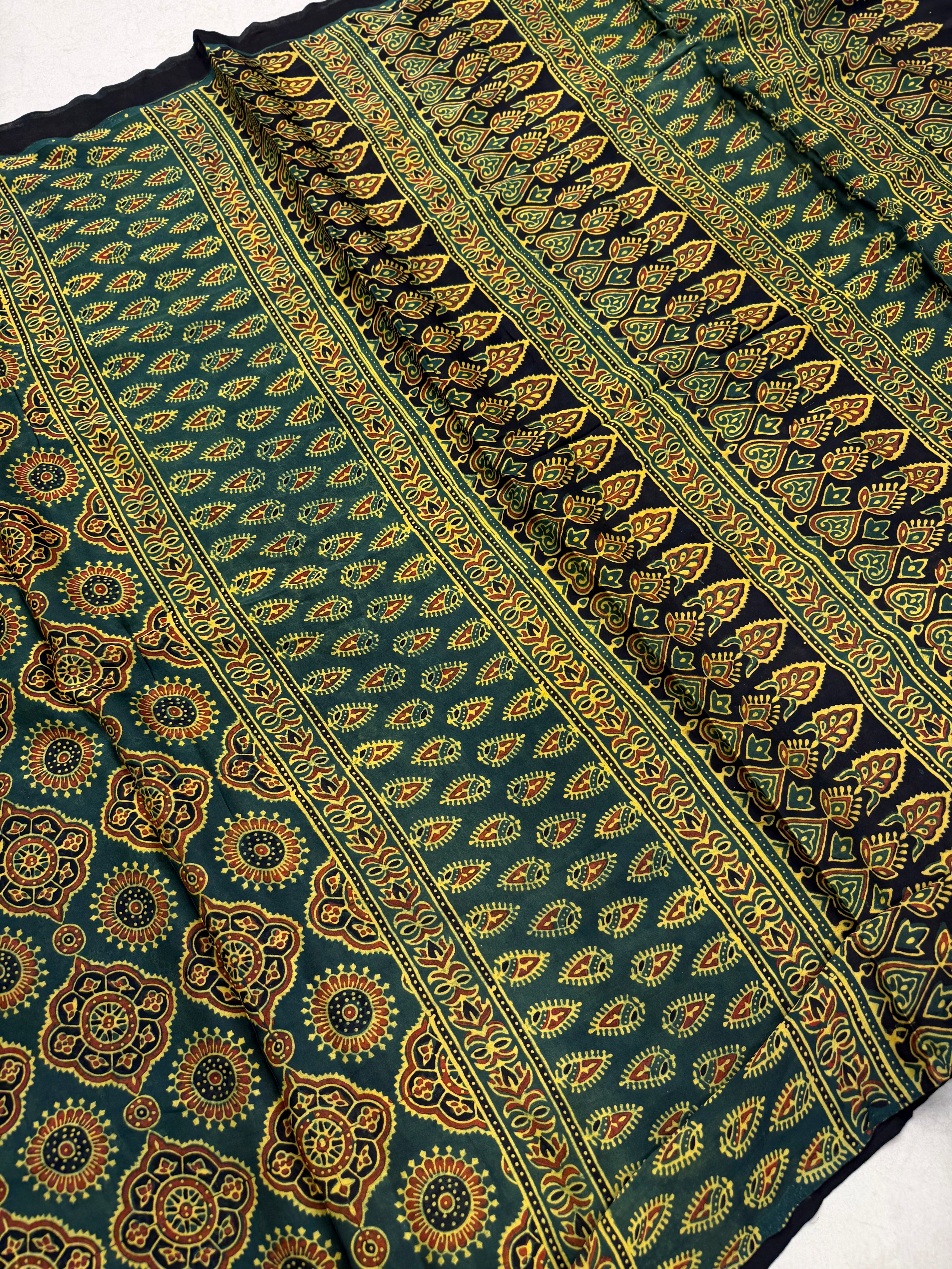 Bottle Green Badam Buttas Ajrakh Hand Block Print Pure Gajji Silk Saree