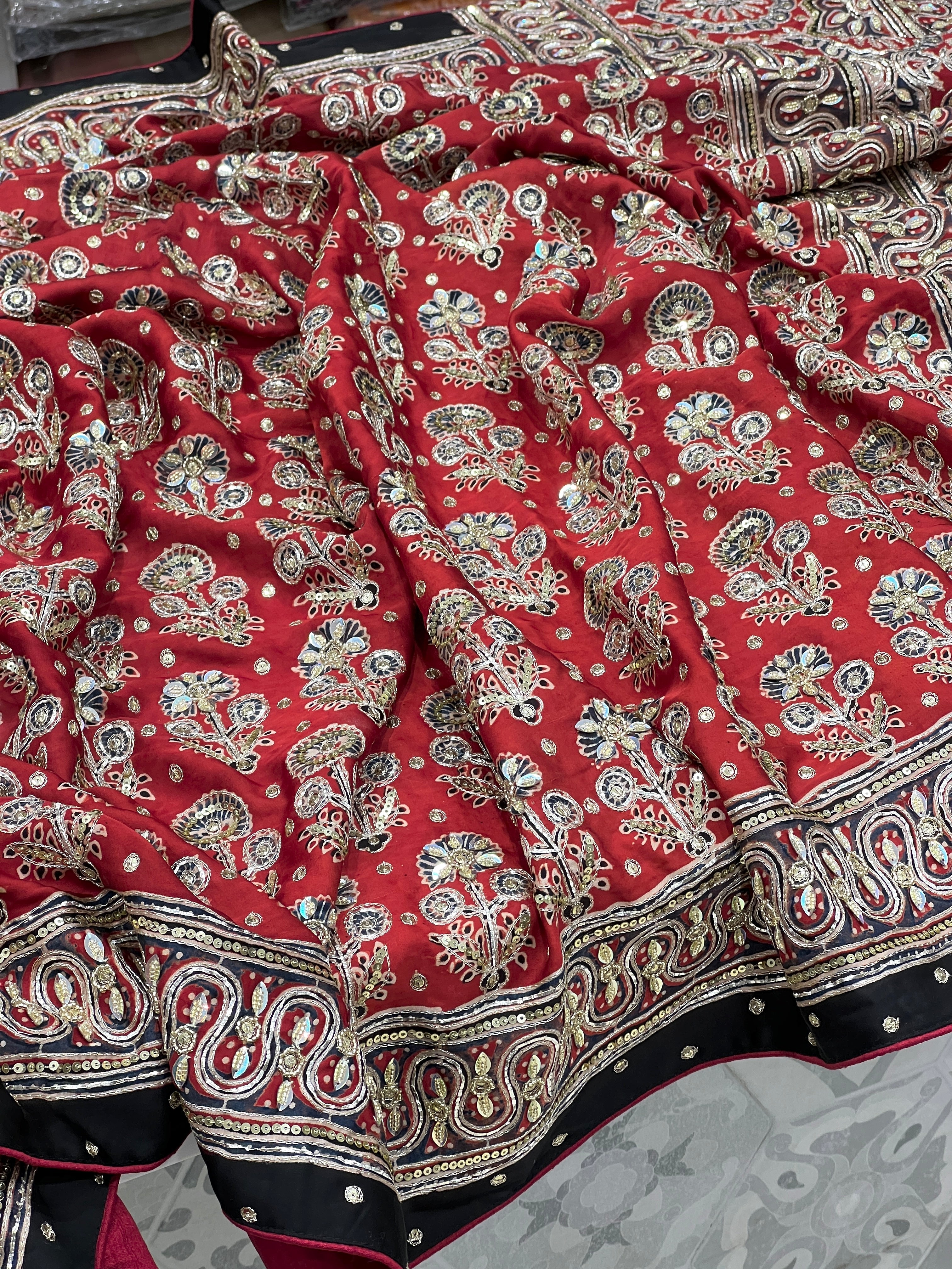 Red Buttis Pita Zardosi Sequin Ajrakh Hand Embroidery Saree