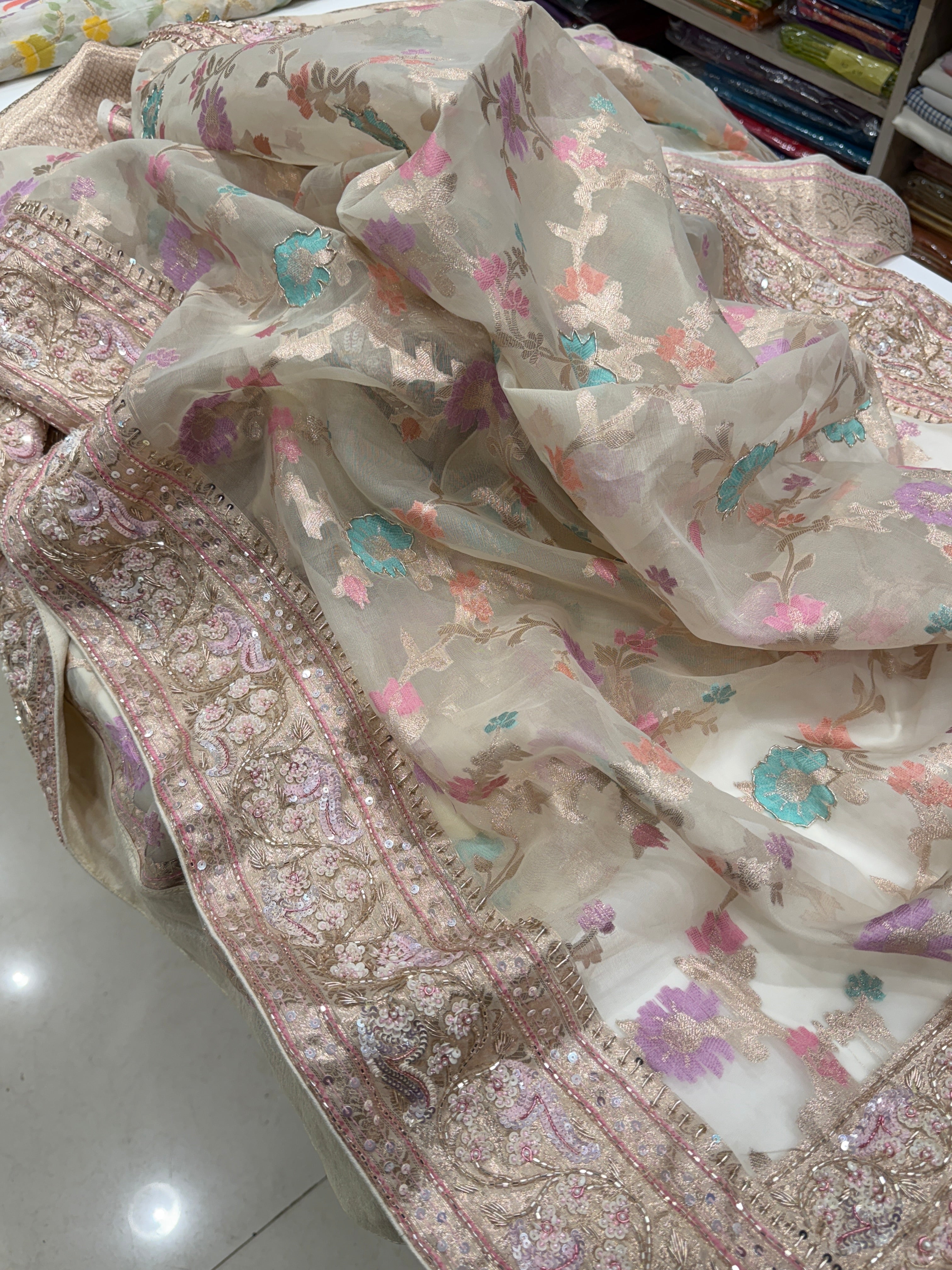 Beige Meenakari Banarasi Kora Sequin Zardosi Hand Embroidery Saree