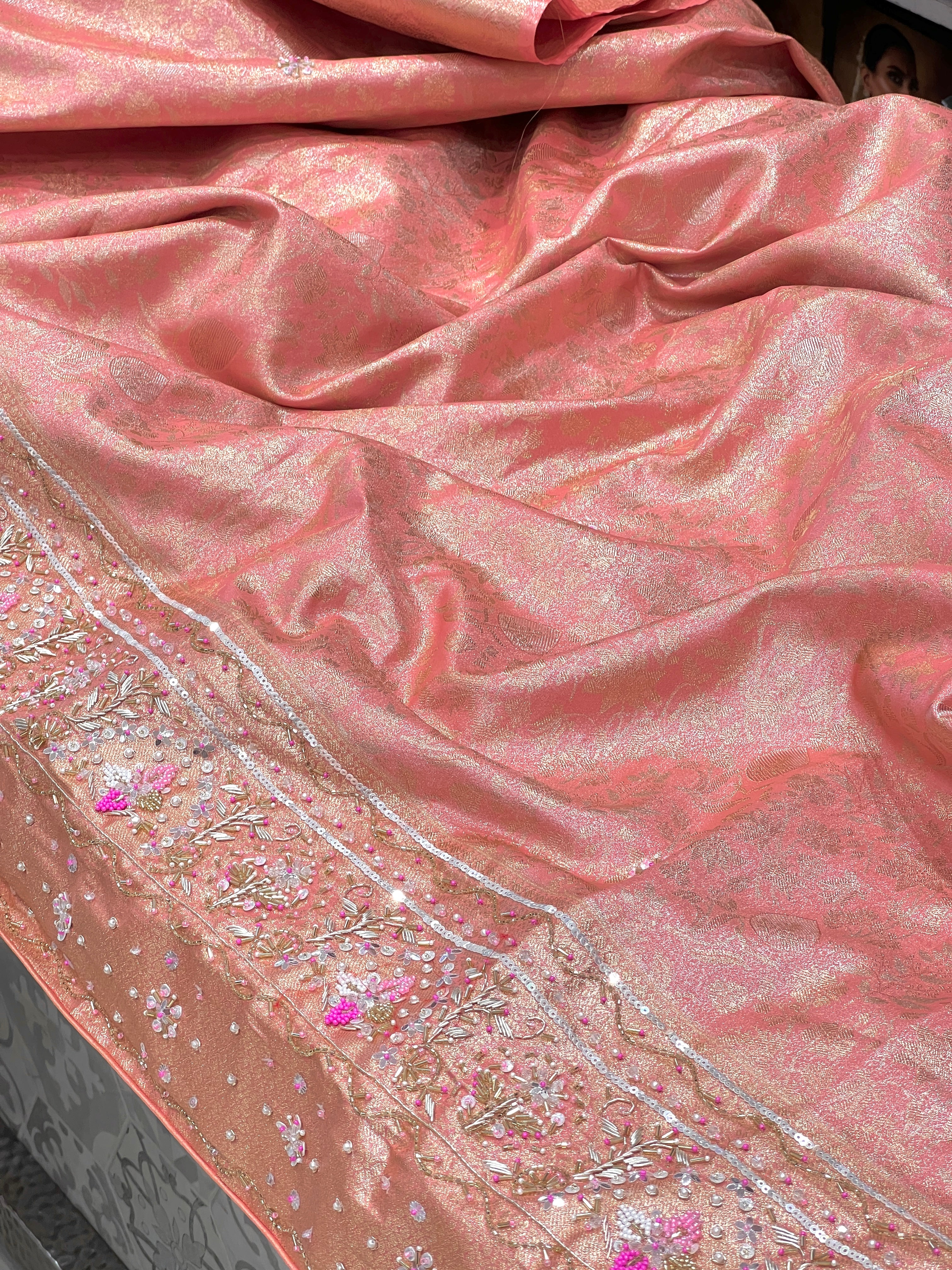 Peach Pink Kanjivaram Fancy Embroidery Saree