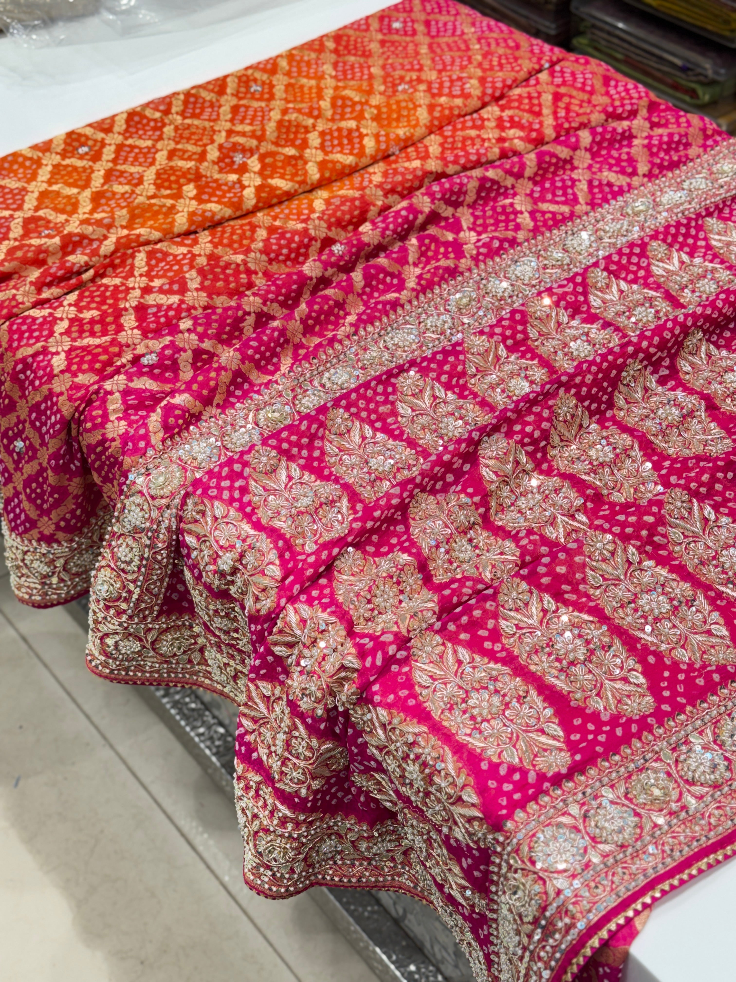 Orange Rani Shaded Bandhej Zardosi Embroidery Saree