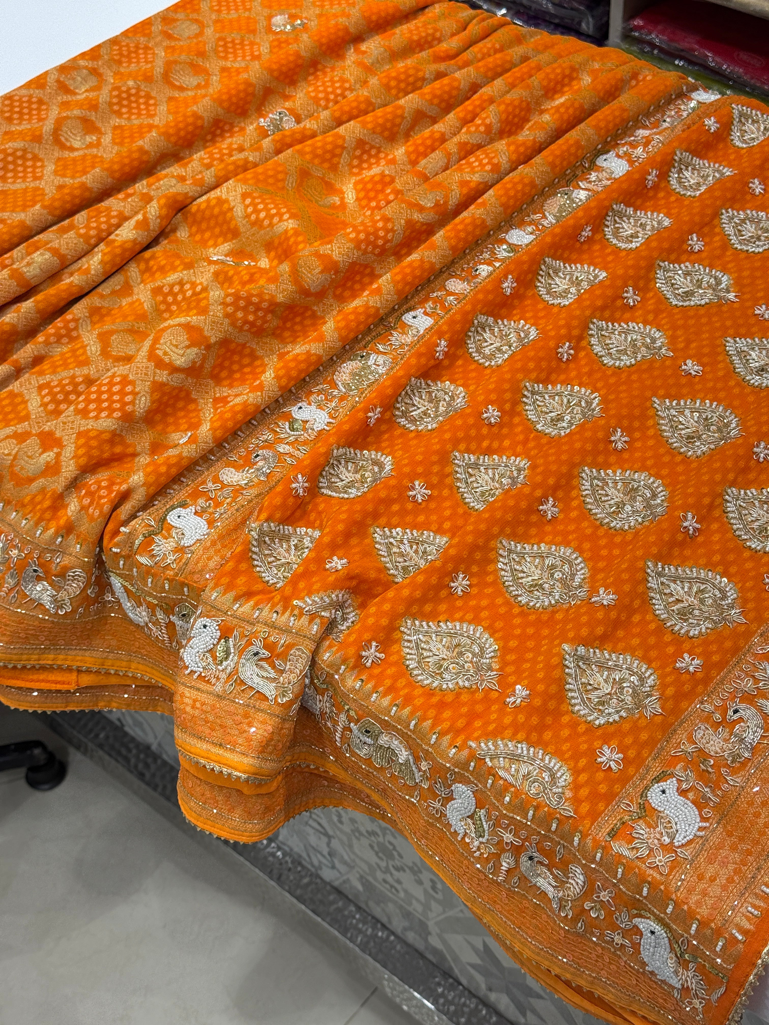 Orange Woven Bandhej Georgette Hand Embroidery Saree