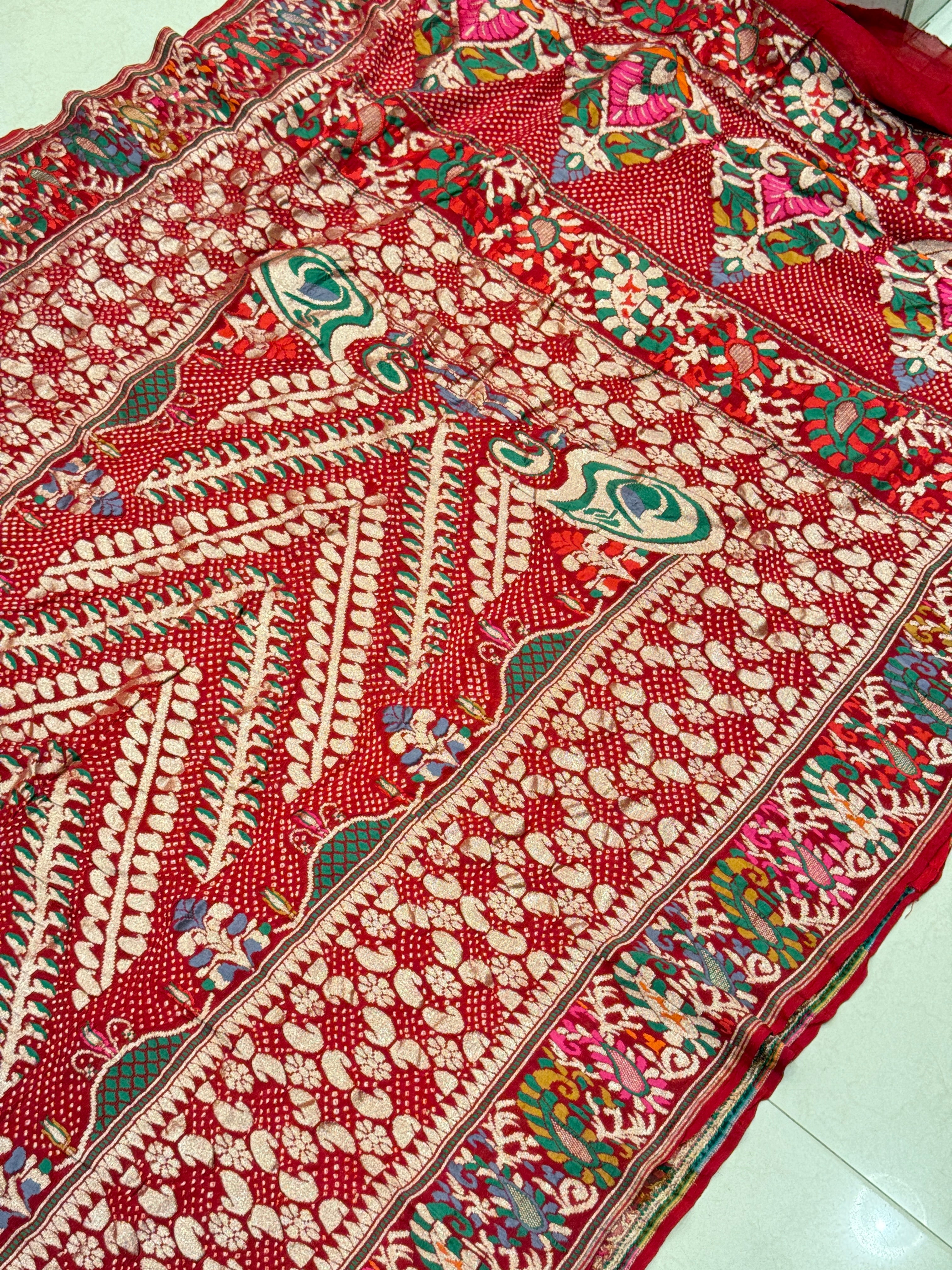 Red Meenakari Rai Bandhej Georgette Bandhini Saree