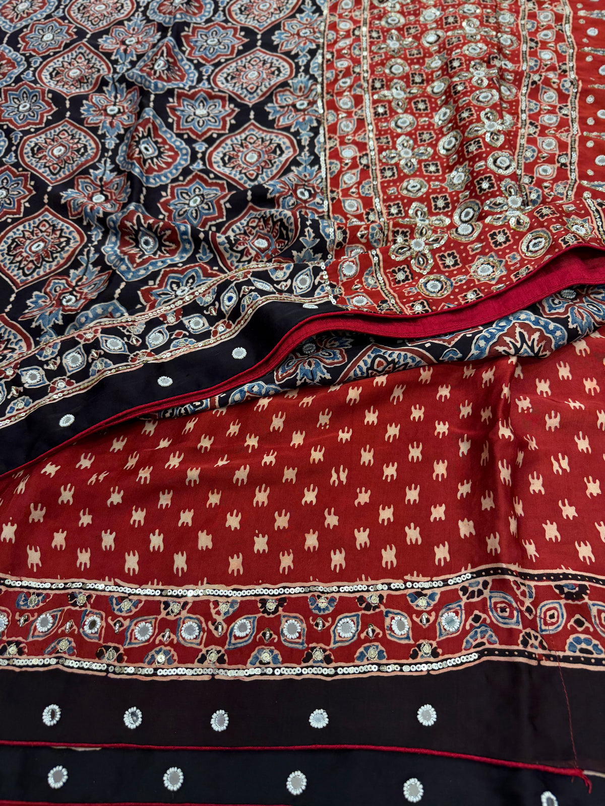 Black Red Badam Jaal Ajrakh Real Mirror Moti Sequin Hand Embroidery Saree