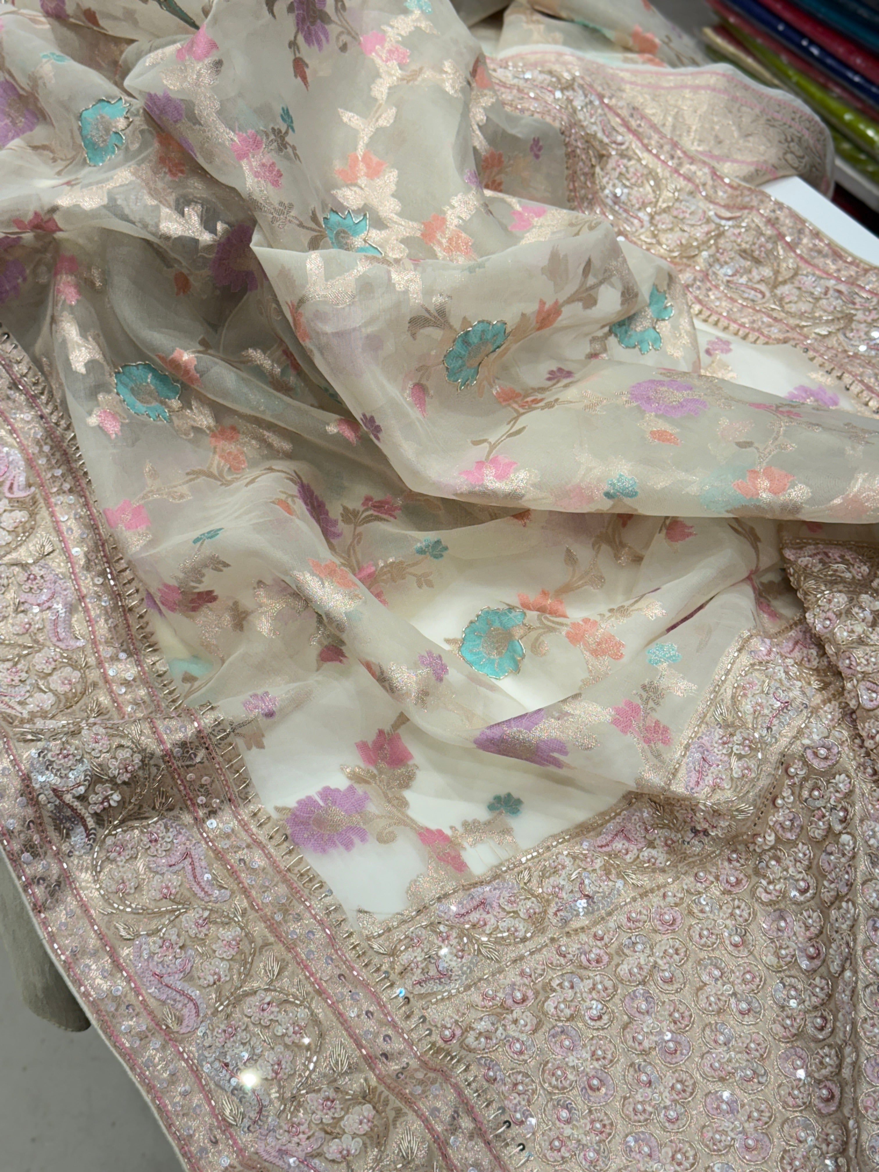 Beige Meenakari Banarasi Kora Sequin Zardosi Hand Embroidery Saree