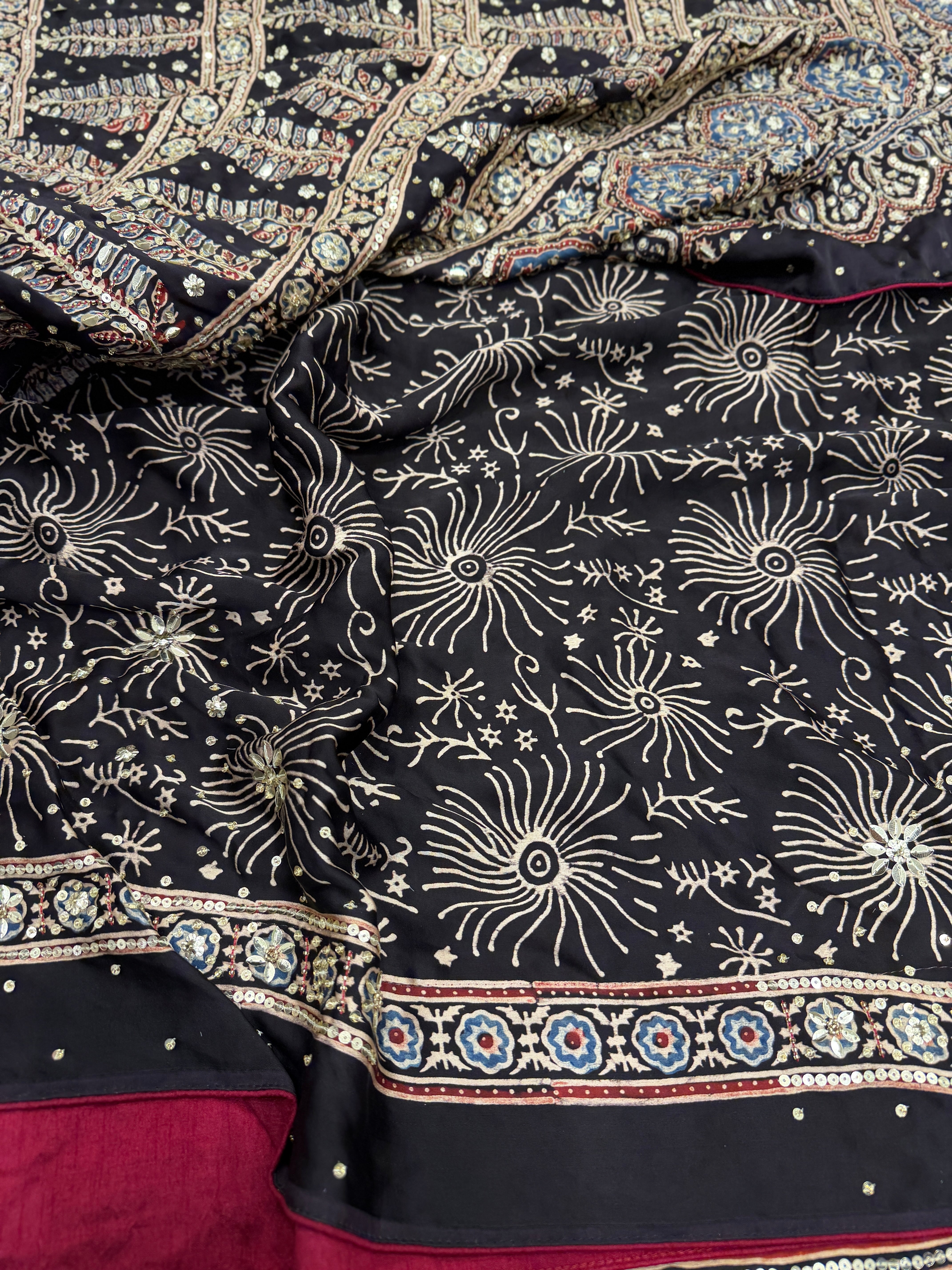 Red Black Badam Jaal Ajrakh Sequin Moti Hand Embroidery Saree