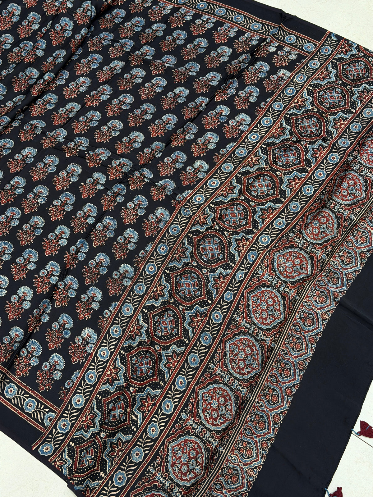 Black Buttas Ajrakh Hand Block Print Pure Gajji Silk Dupatta